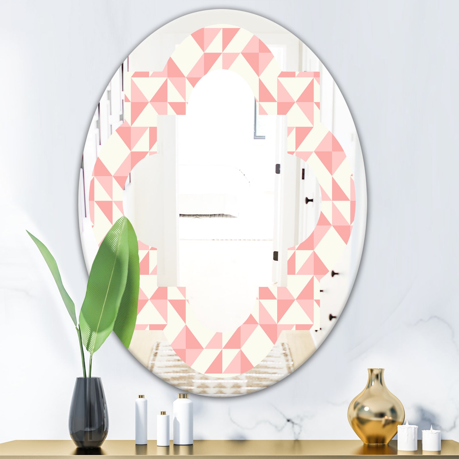 Abstract geometric pattern, patchwork quilting - Modern Round or Oval Wall Mirror - Quatrefoil
