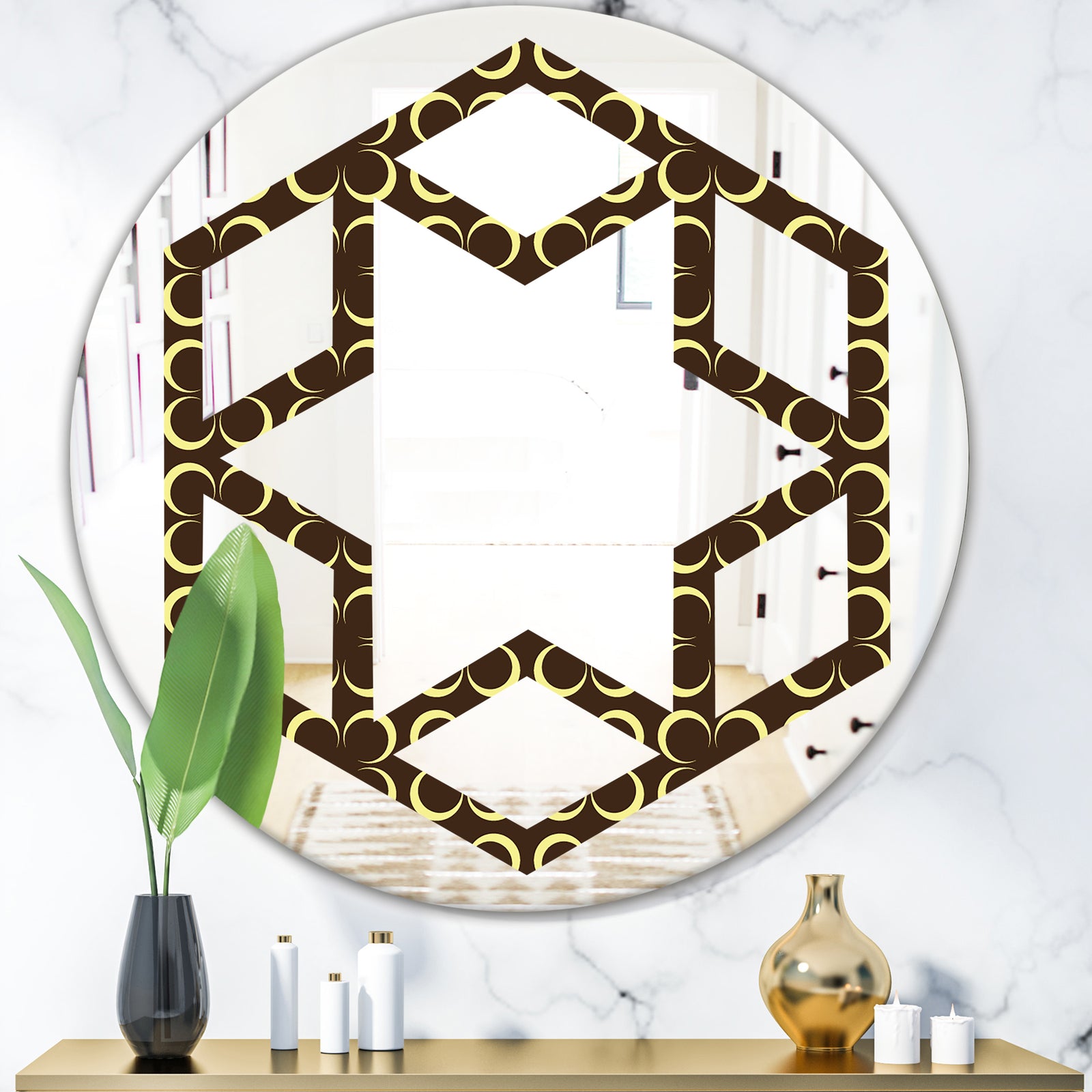 Floral Retro Pattern II - Modern Round or Oval Wall Mirror - Hexagon Star