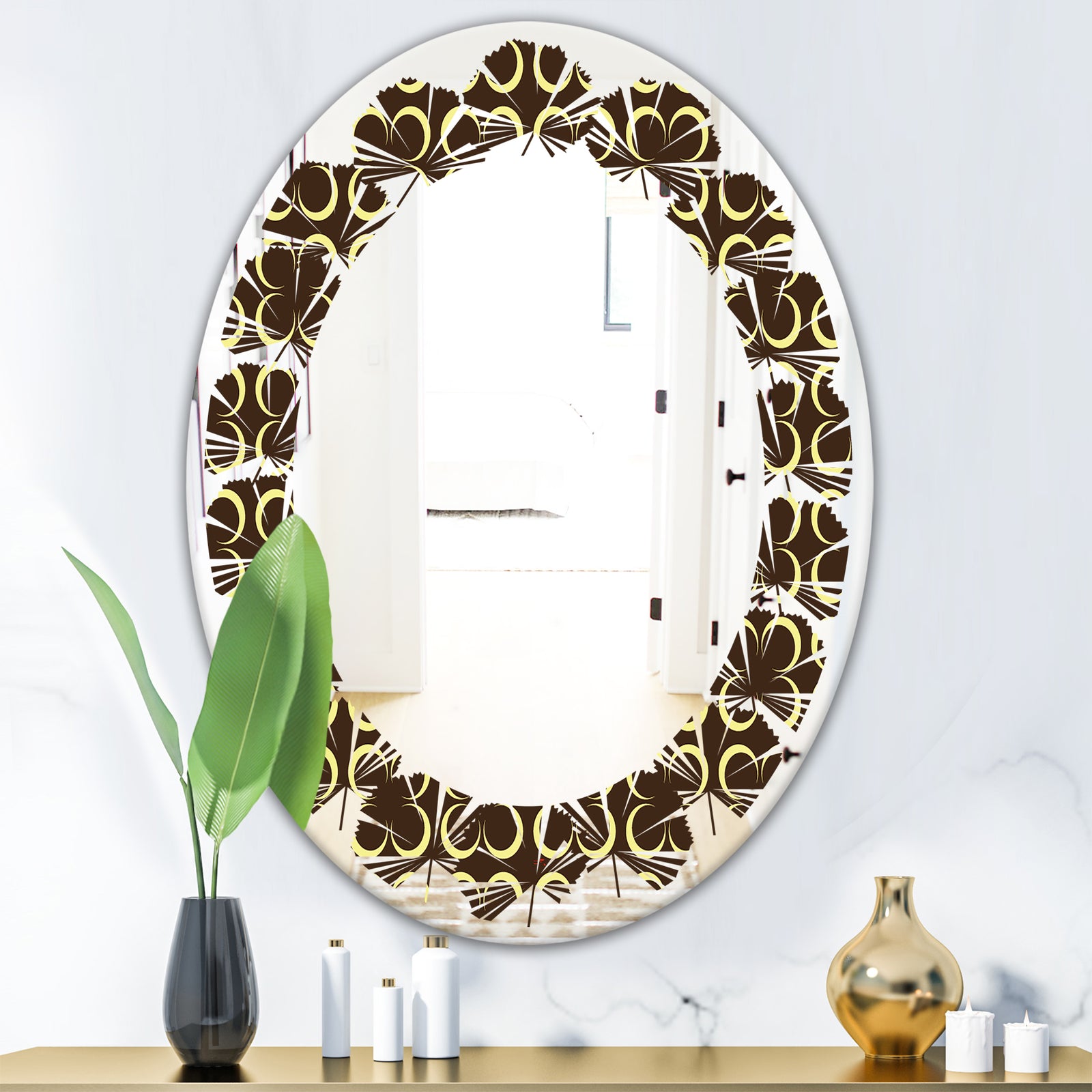 Floral Retro Pattern II - Modern Round or Oval Wall Mirror - Leaves