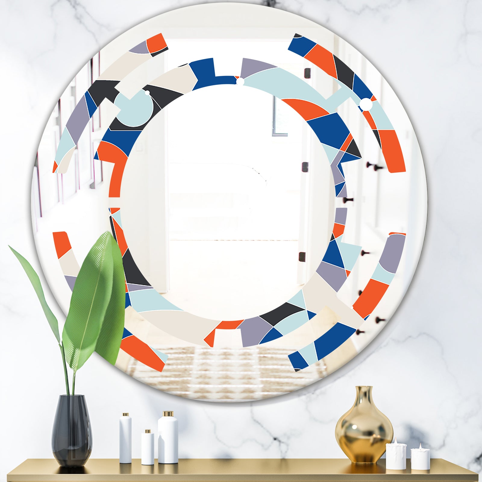 Retro Geometric Grid IV - Modern Round or Oval Wall Mirror - Space
