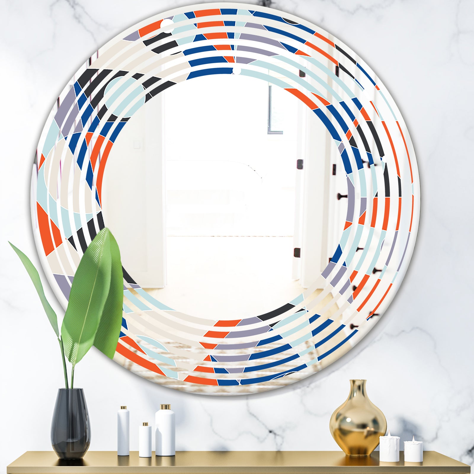 Retro Geometric Grid IV - Modern Round or Oval Wall Mirror - Wave