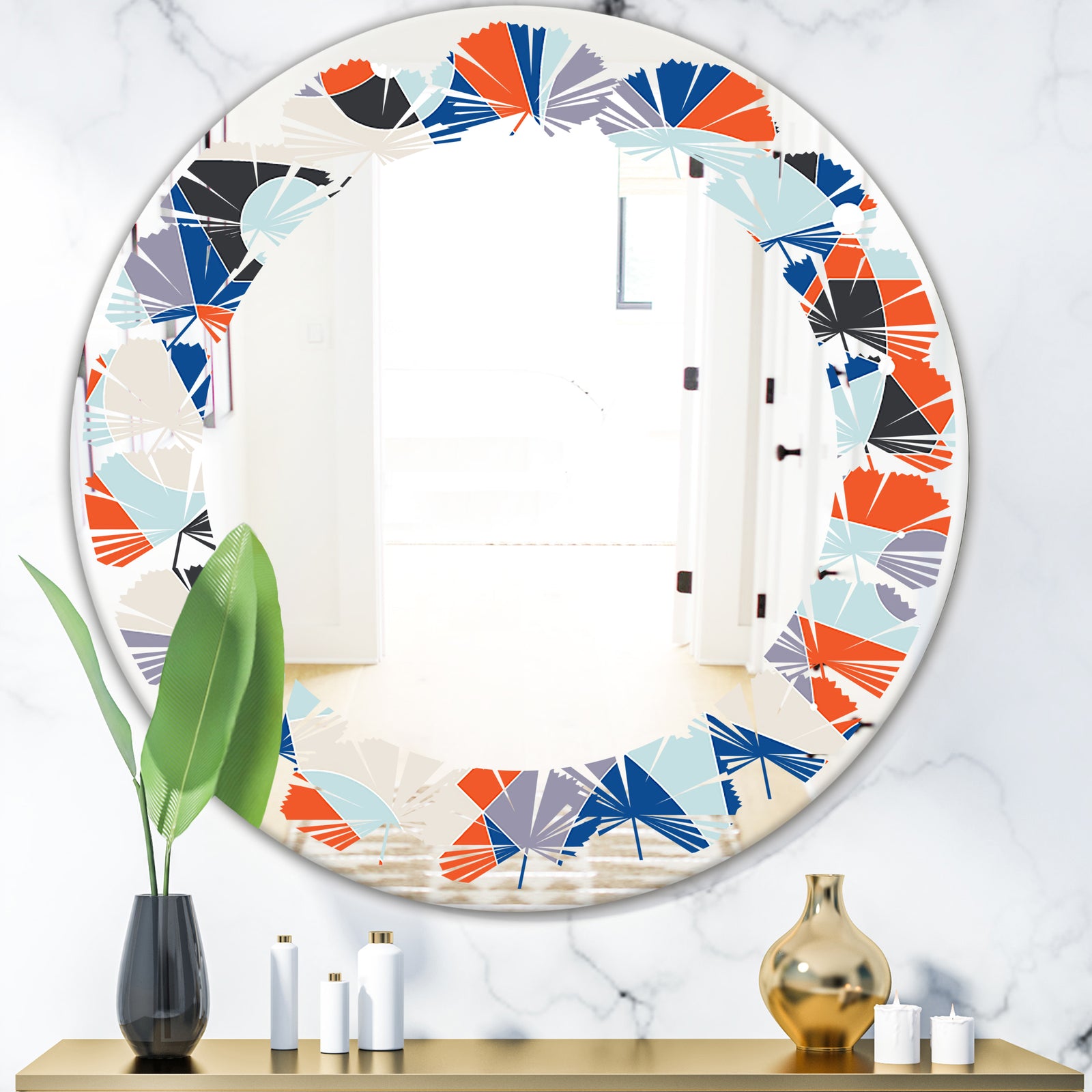 Retro Geometric Grid IV - Modern Round or Oval Wall Mirror - Leaves