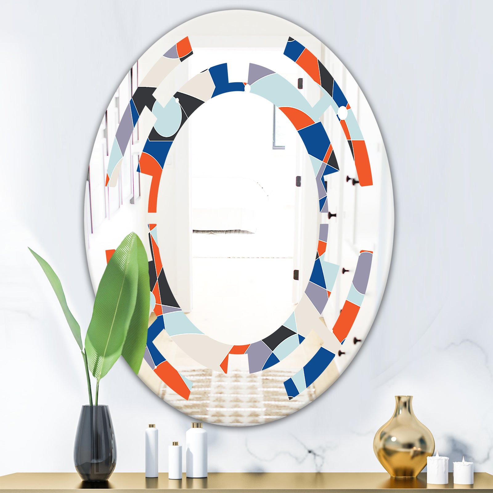 Retro Geometric Grid IV - Modern Round or Oval Wall Mirror - Space