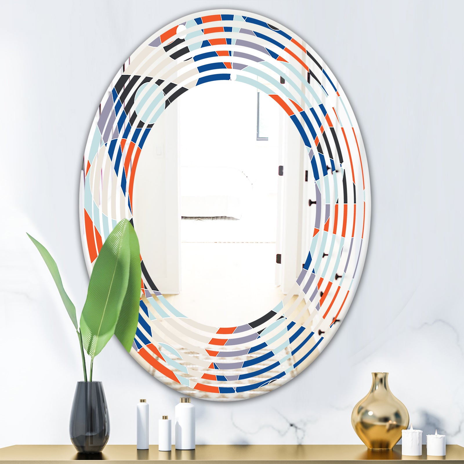 Retro Geometric Grid IV - Modern Round or Oval Wall Mirror - Wave