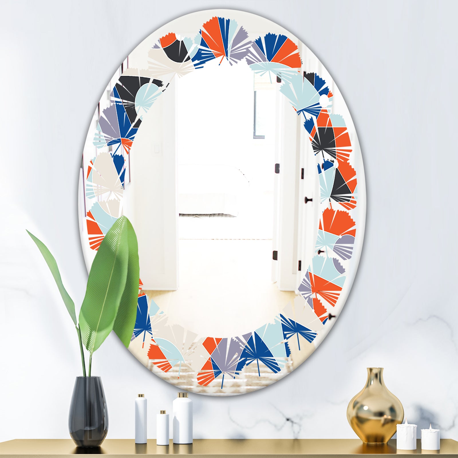 Retro Geometric Grid IV - Modern Round or Oval Wall Mirror - Leaves