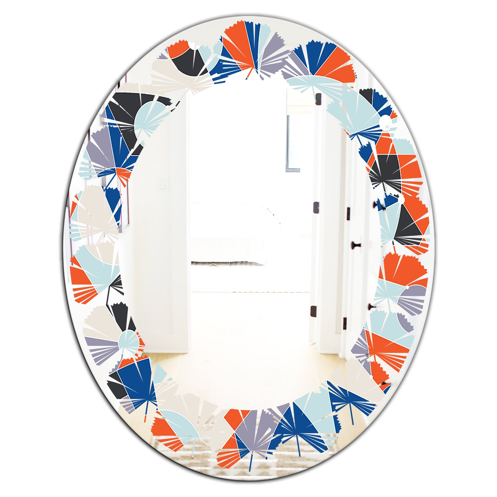 Retro Geometric Grid IV - Modern Round or Oval Wall Mirror - Leaves