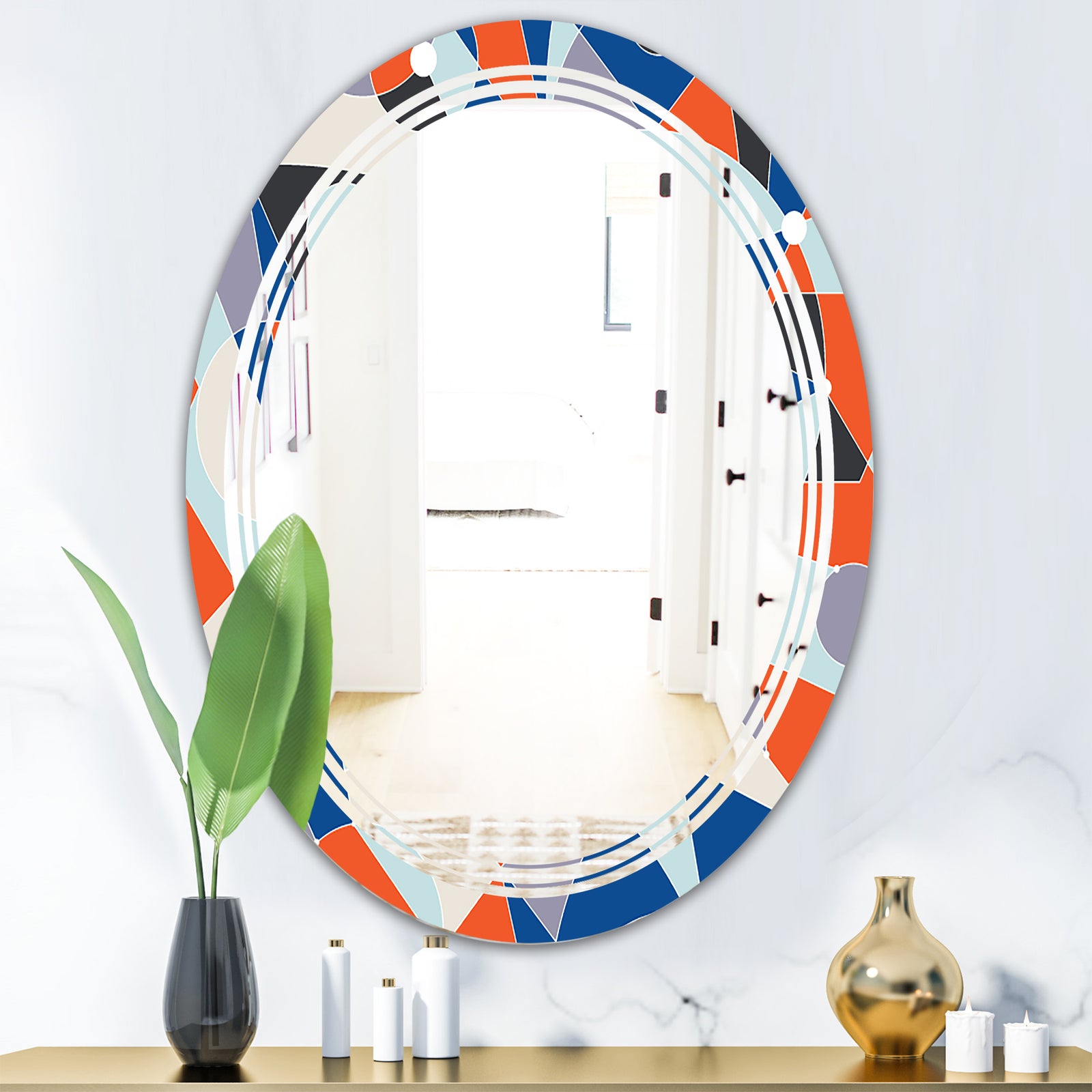 Retro Geometric Grid IV - Modern Round or Oval Wall Mirror - Triple C
