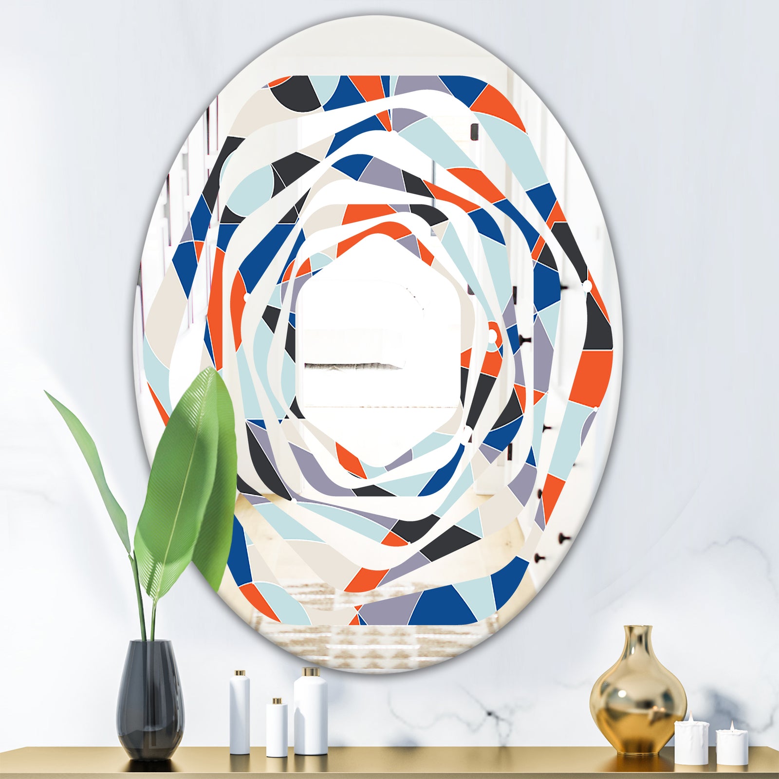 Retro Geometric Grid IV - Modern Round or Oval Wall Mirror - Whirl