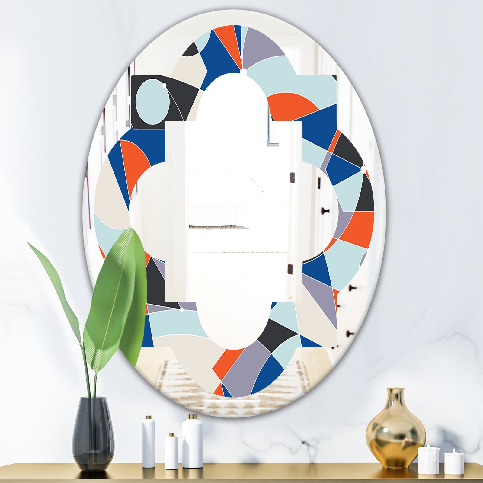 Retro Geometric Grid IV - Modern Round or Oval Wall Mirror - Quatrefoil