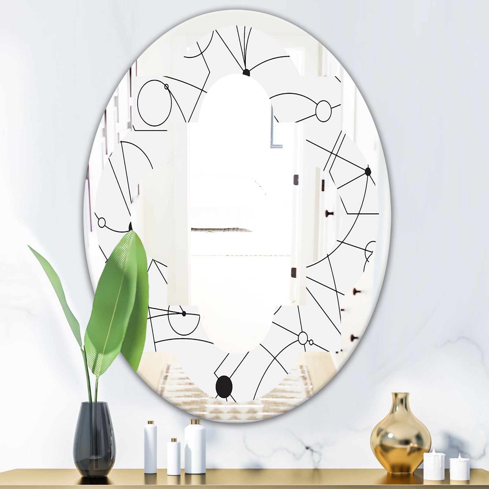 Retro Geometric Grid III - Modern Round or Oval Wall Mirror - Quatrefoil