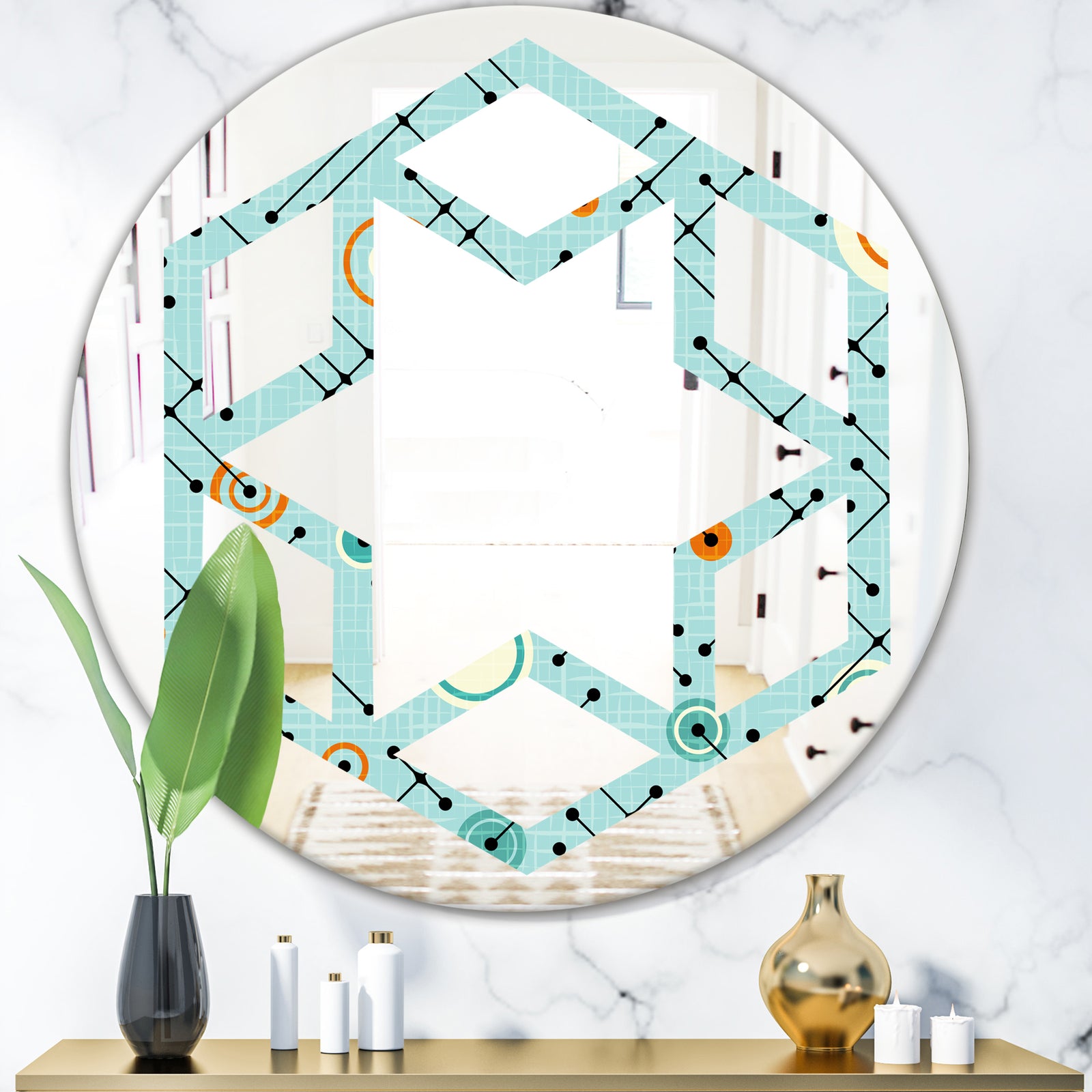 Retro Abstract Design XIV - Modern Round or Oval Wall Mirror - Hexagon Star
