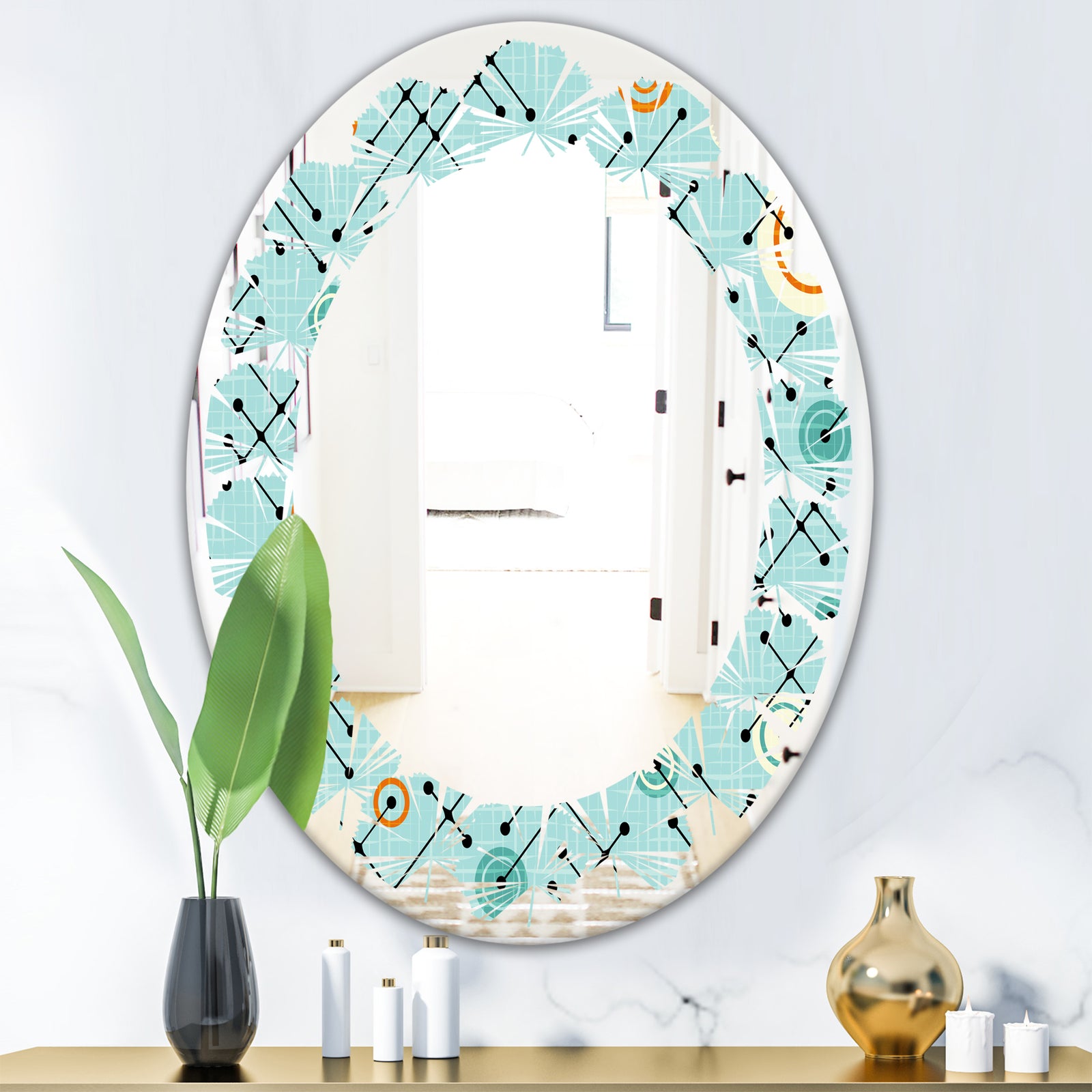 Retro Abstract Design XIV - Modern Round or Oval Wall Mirror - Leaves