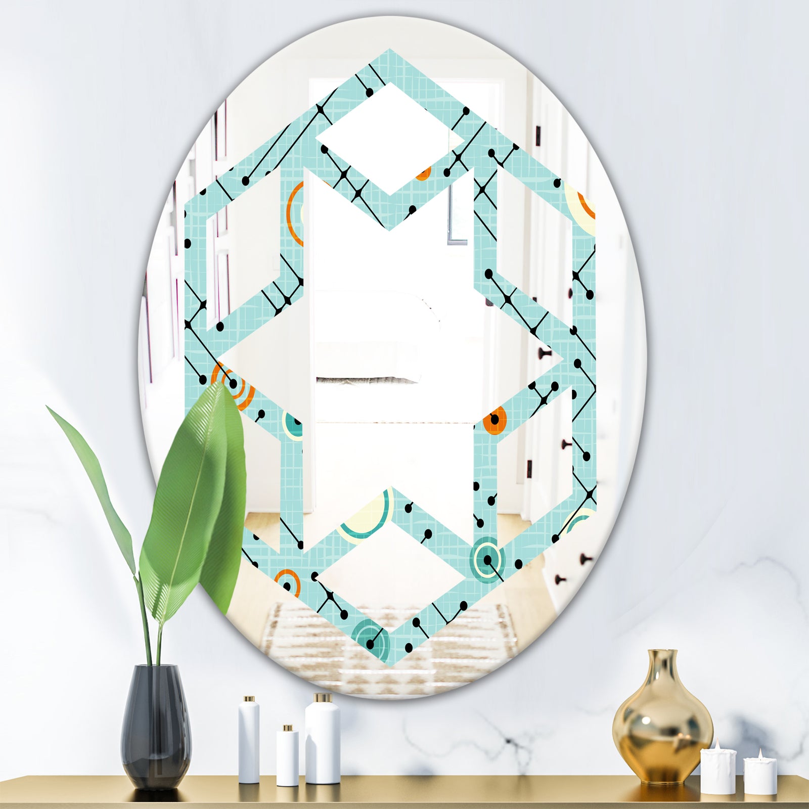 Retro Abstract Design XIV - Modern Round or Oval Wall Mirror - Hexagon Star