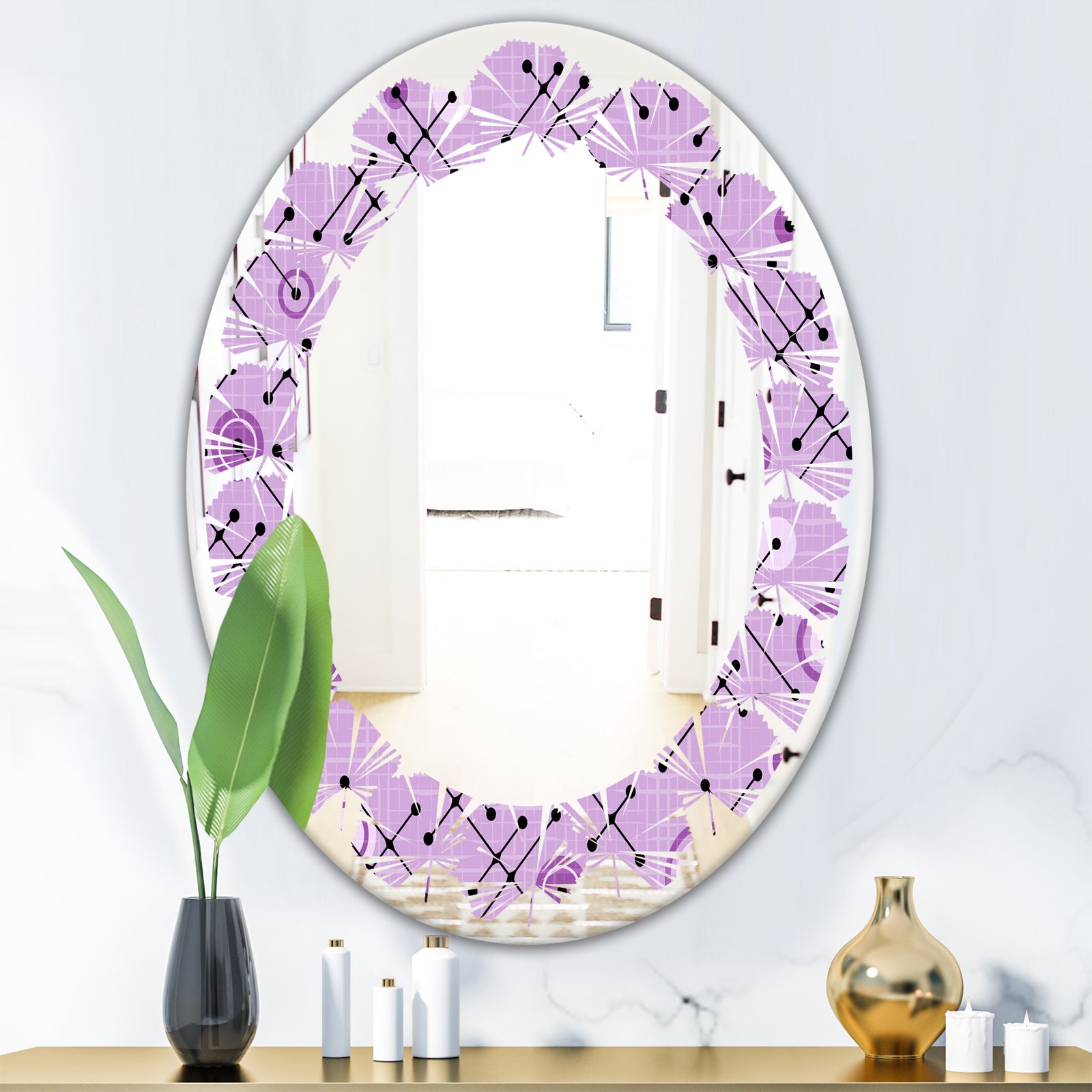 1950 Retro Pattern III - Modern Round or Oval Wall Mirror - Leaves