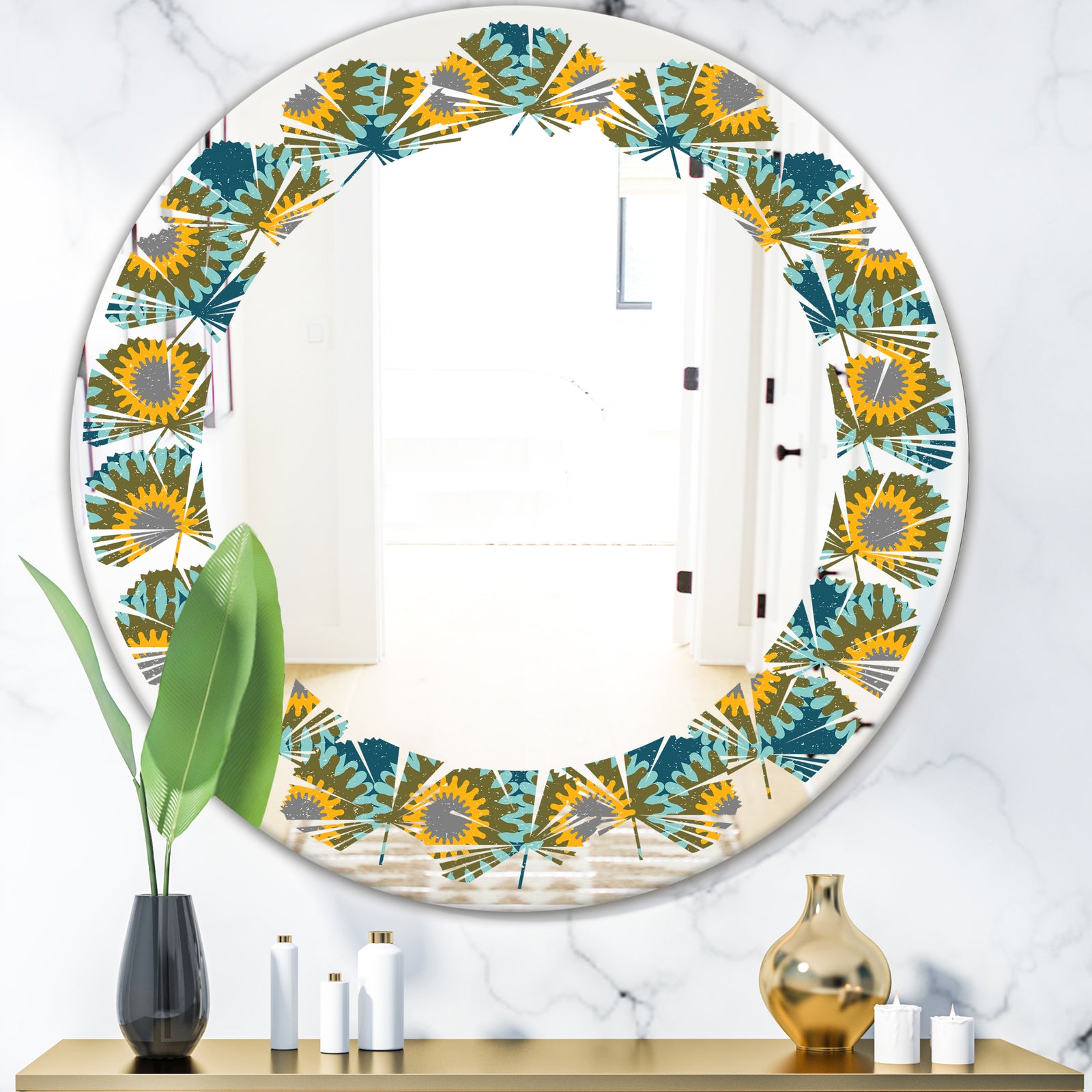 Retro Circular Pattern I - Cottage Round or Oval Wall Mirror - Leaves