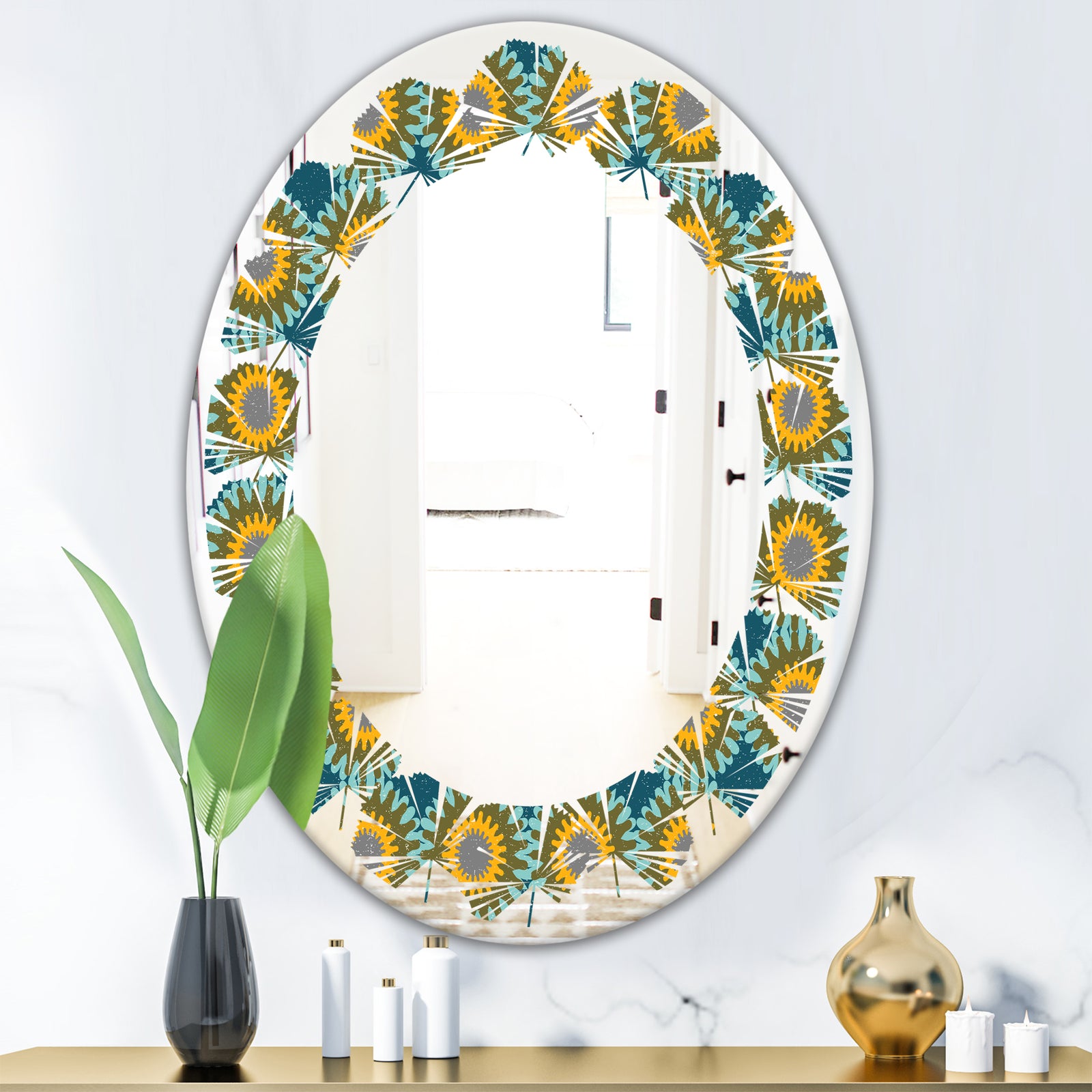 Retro Circular Pattern I - Cottage Round or Oval Wall Mirror - Leaves