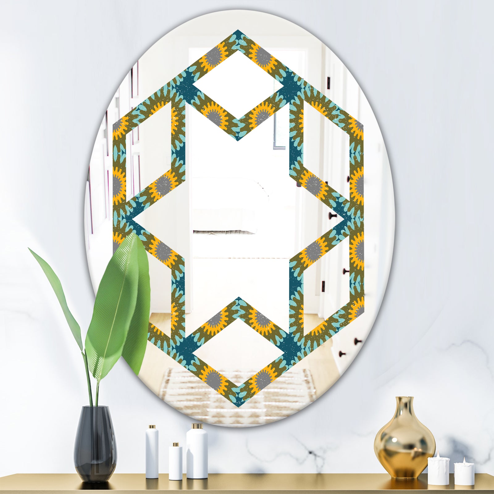 Retro Circular Pattern I - Cottage Round or Oval Wall Mirror - Hexagon Star
