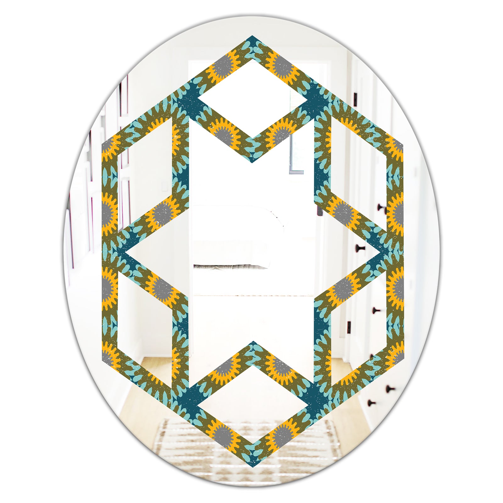 Retro Circular Pattern I - Cottage Round or Oval Wall Mirror - Hexagon Star