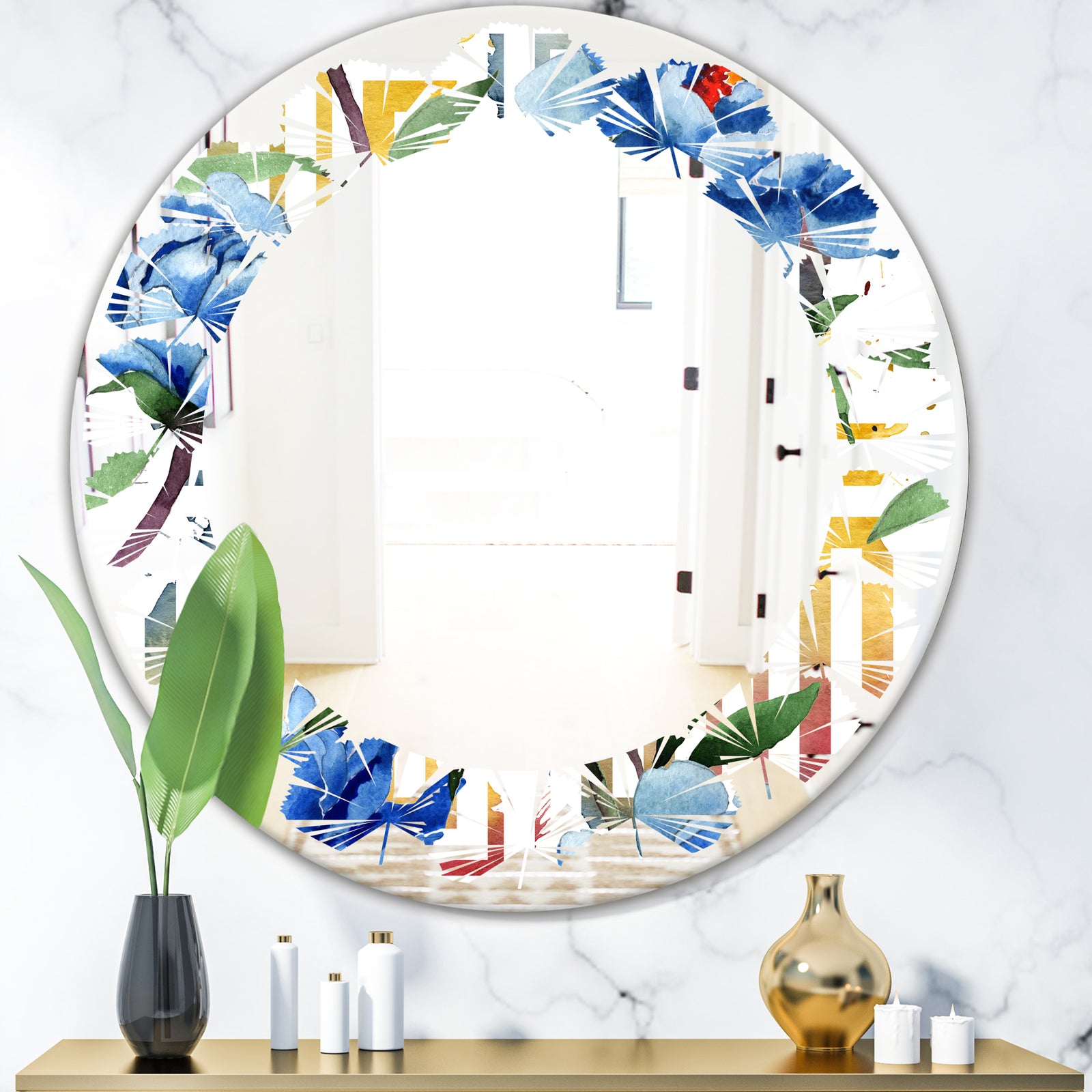 Retro Floral Botanical Design I - Modern Round or Oval Wall Mirror - Leaves