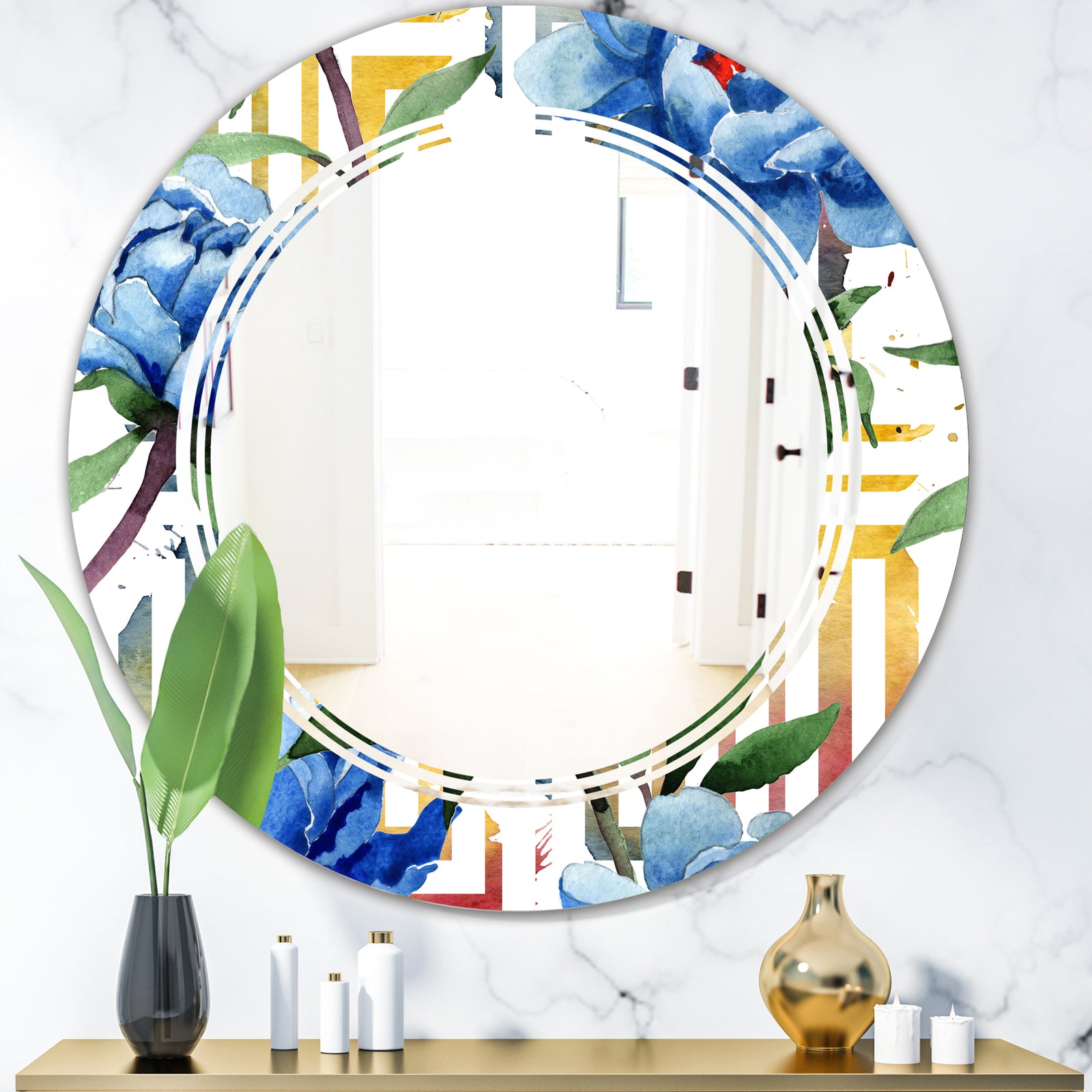 Retro Floral Botanical Design I - Modern Round or Oval Wall Mirror - Triple C