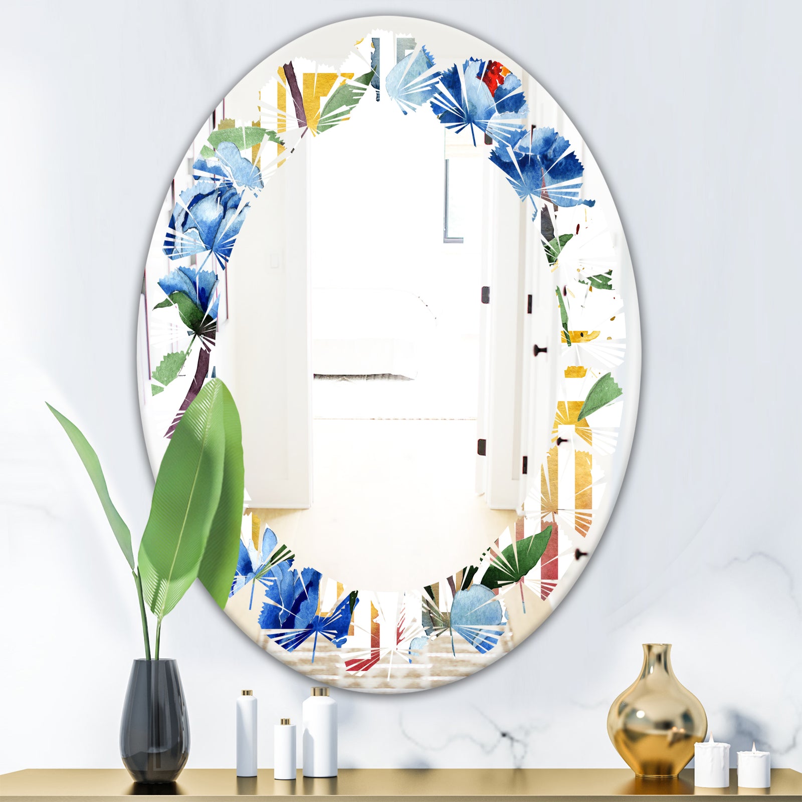 Retro Floral Botanical Design I - Modern Round or Oval Wall Mirror - Leaves