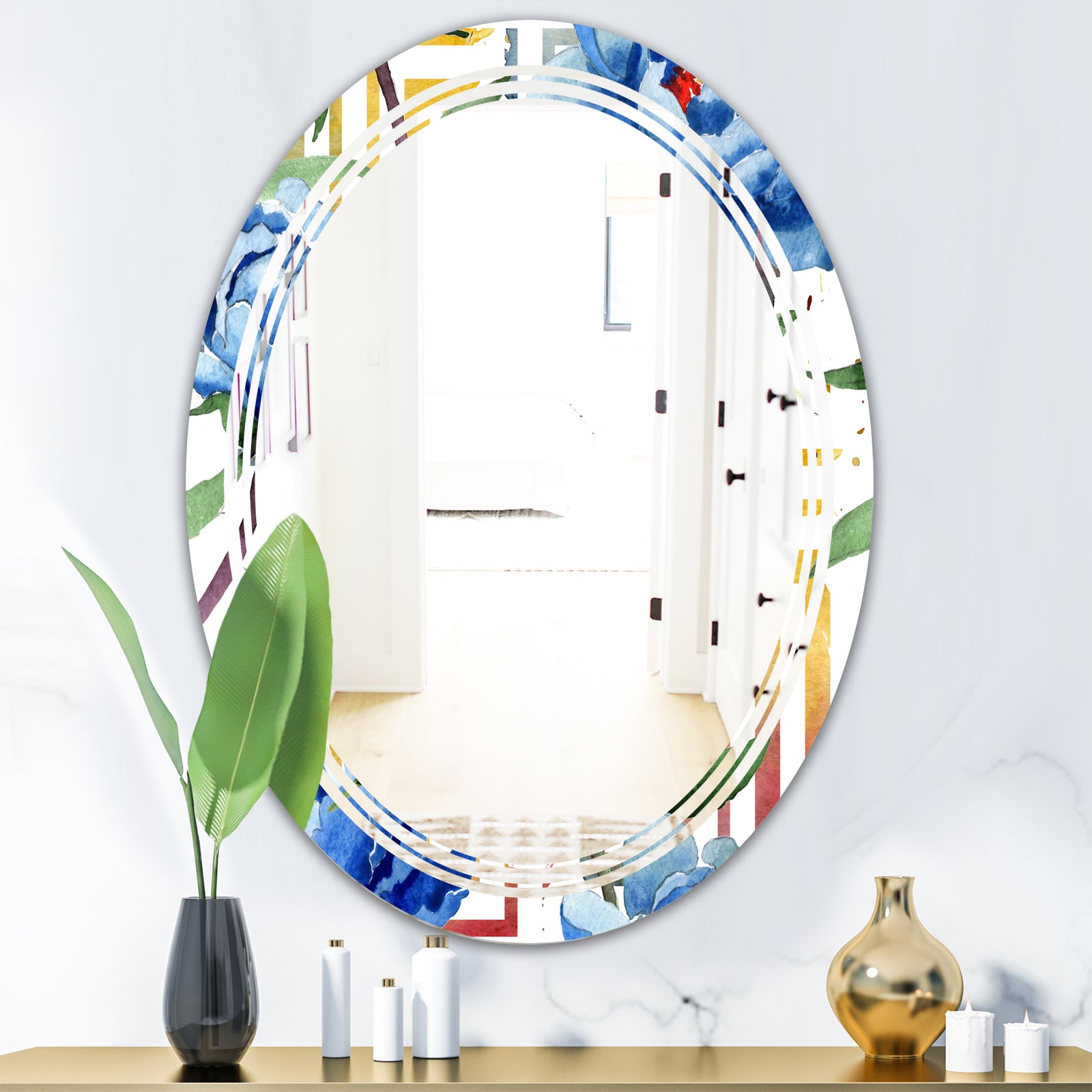 Retro Floral Botanical Design I - Modern Round or Oval Wall Mirror - Triple C