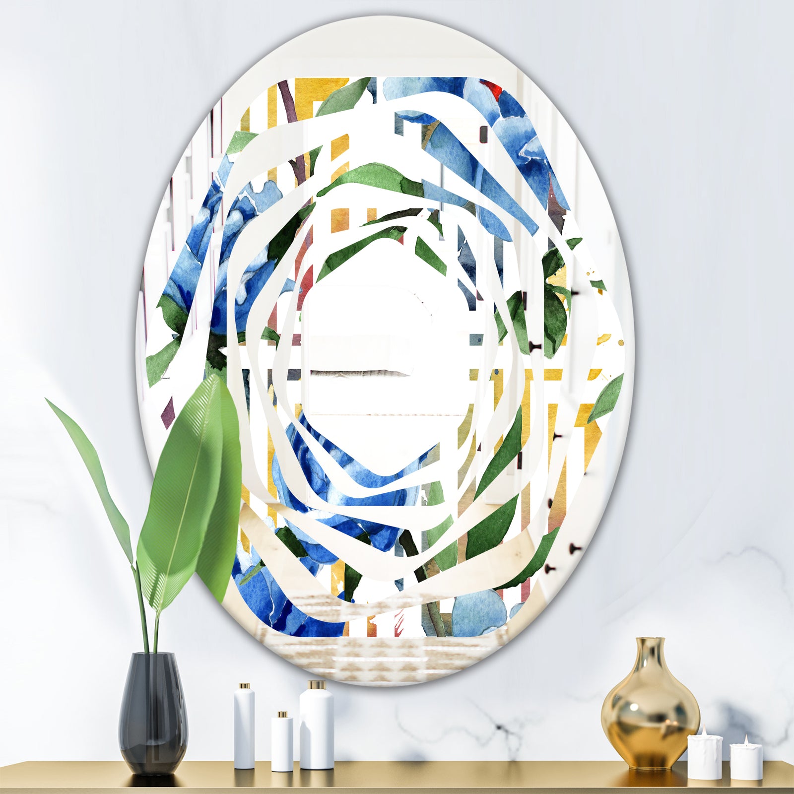 Retro Floral Botanical Design I - Modern Round or Oval Wall Mirror - Whirl