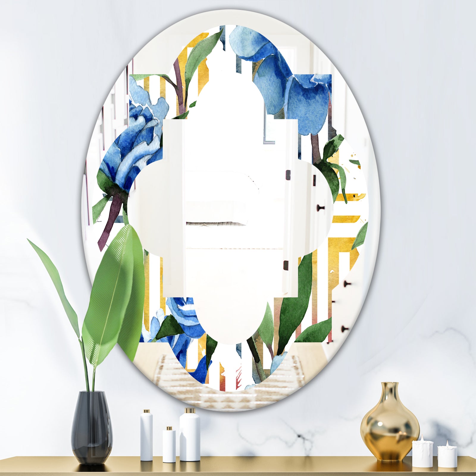 Retro Floral Botanical Design I - Modern Round or Oval Wall Mirror - Quatrefoil