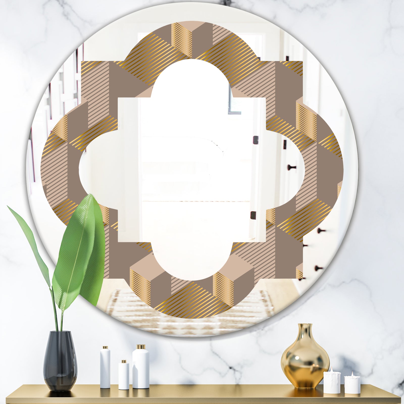 Retro Square Design V - Modern Round or Oval Wall Mirror - Quatrefoil