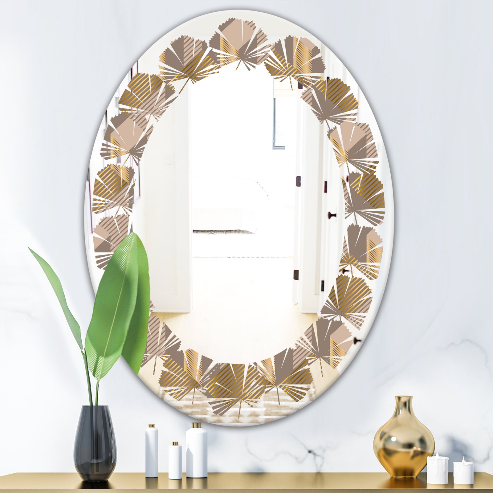 Retro Square Design V - Modern Round or Oval Wall Mirror - Leaves