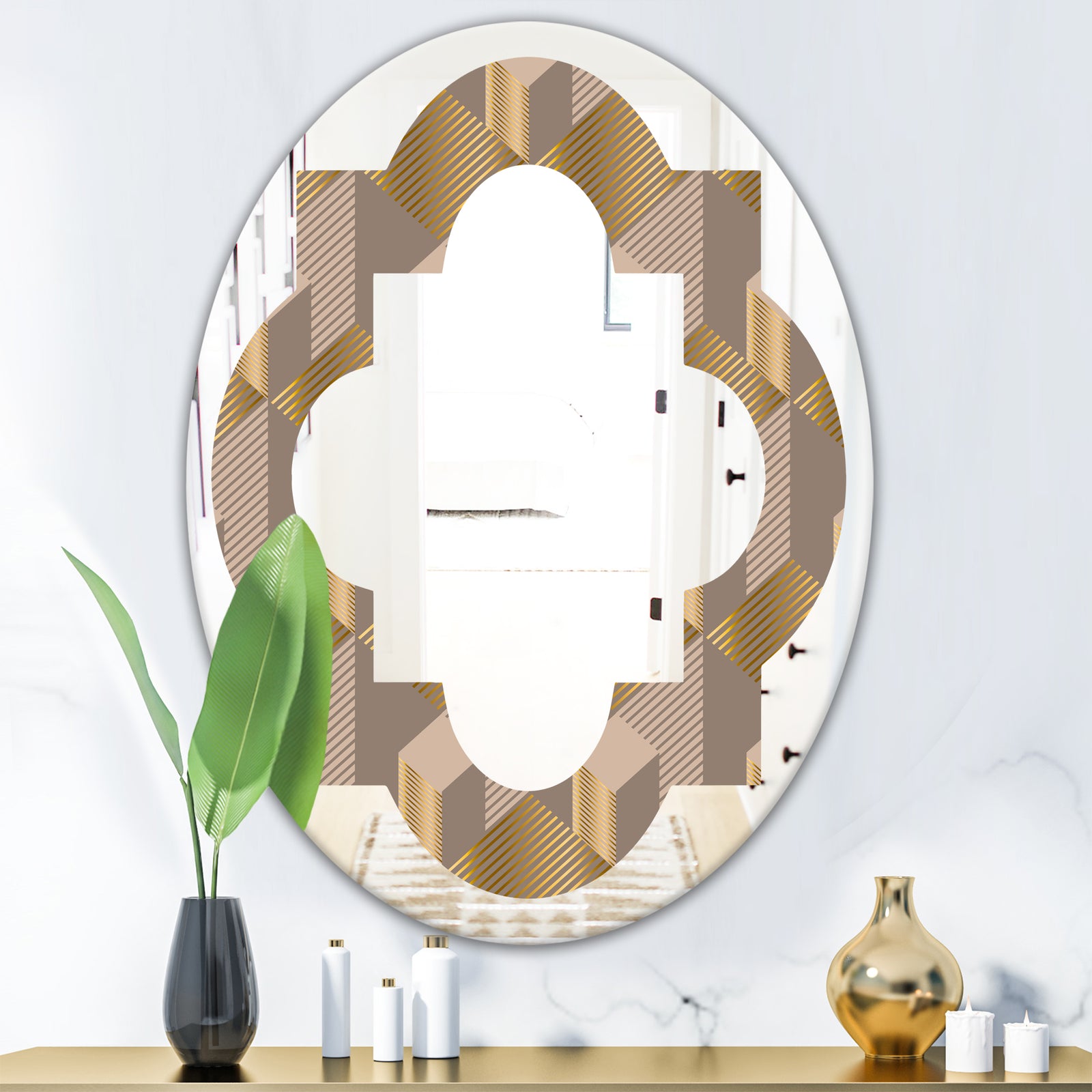Retro Square Design V - Modern Round or Oval Wall Mirror - Quatrefoil