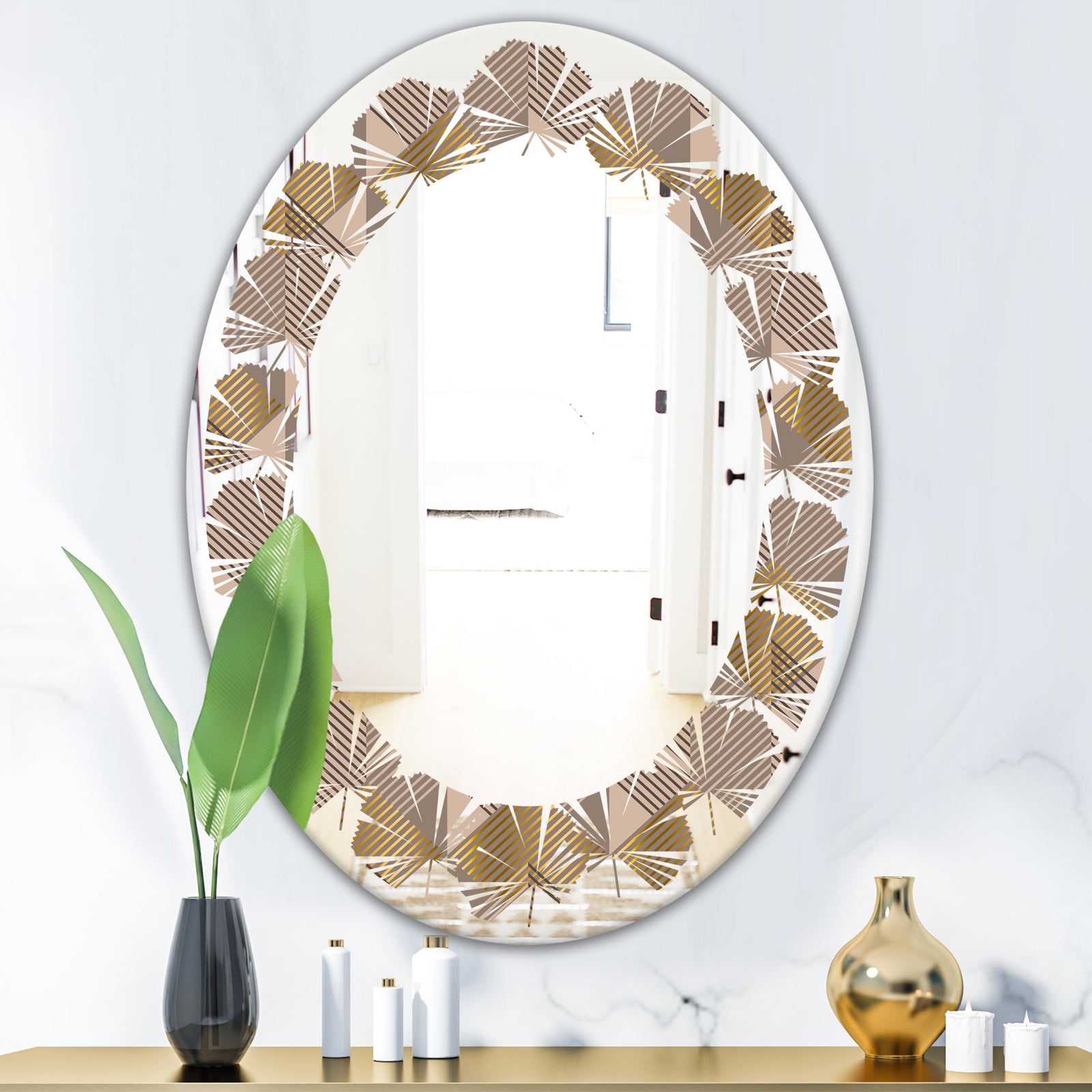 Retro Square Design VI - Modern Round or Oval Wall Mirror - Leaves
