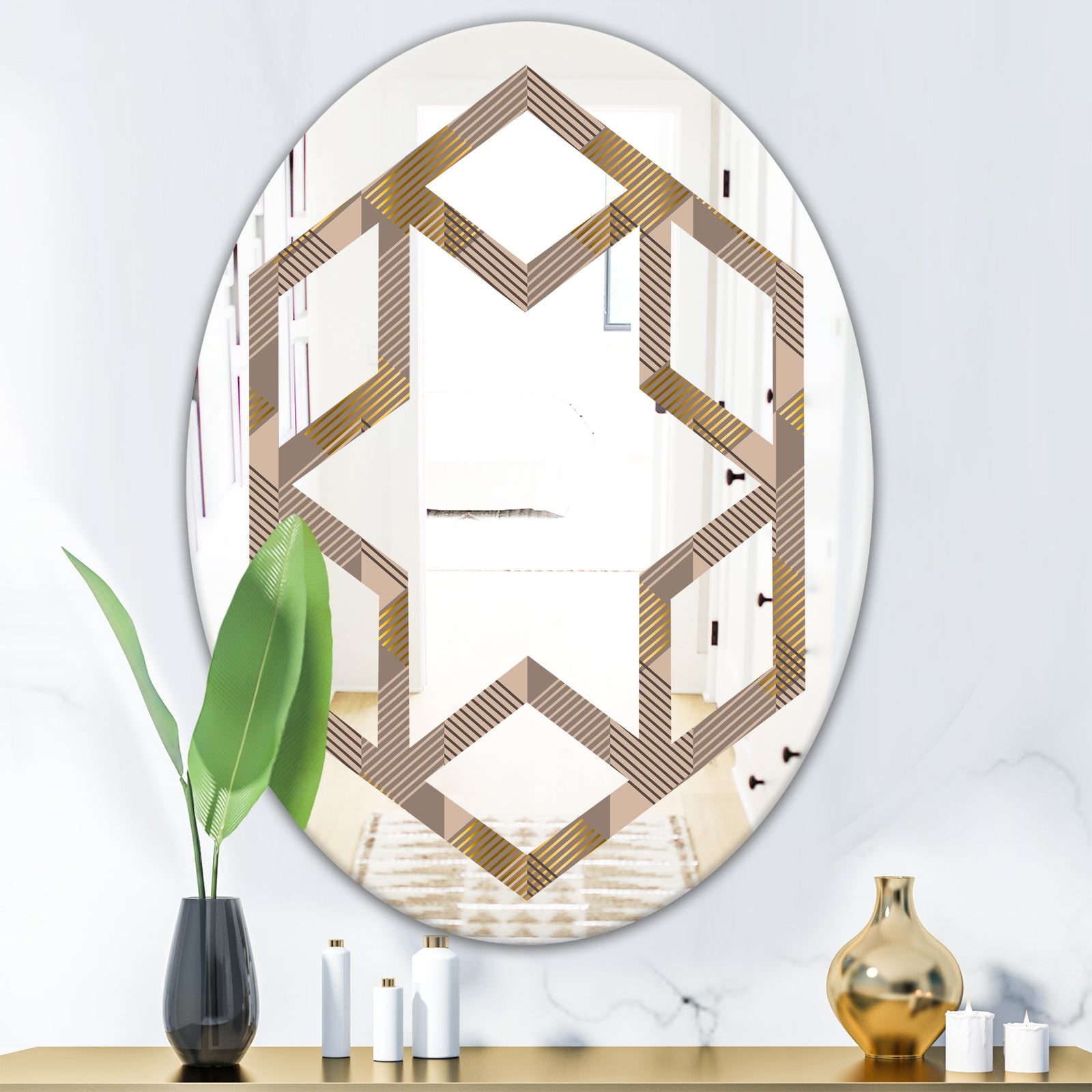 Retro Square Design VI - Modern Round or Oval Wall Mirror - Hexagon Star