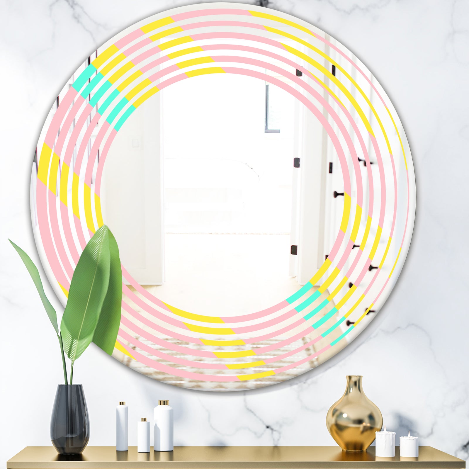 Memphis Retro Neon Pattern - Modern Round or Oval Wall Mirror - Wave