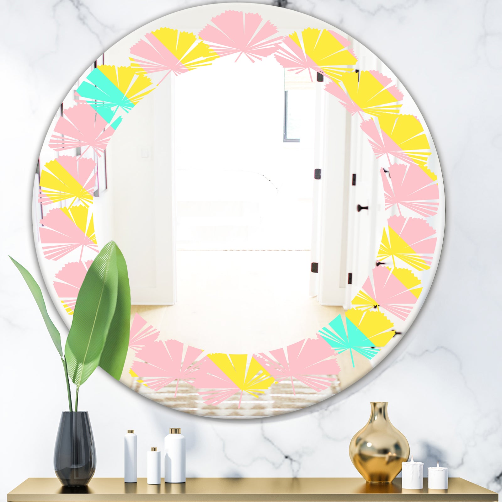 Memphis Retro Neon Pattern - Modern Round or Oval Wall Mirror - Leaves