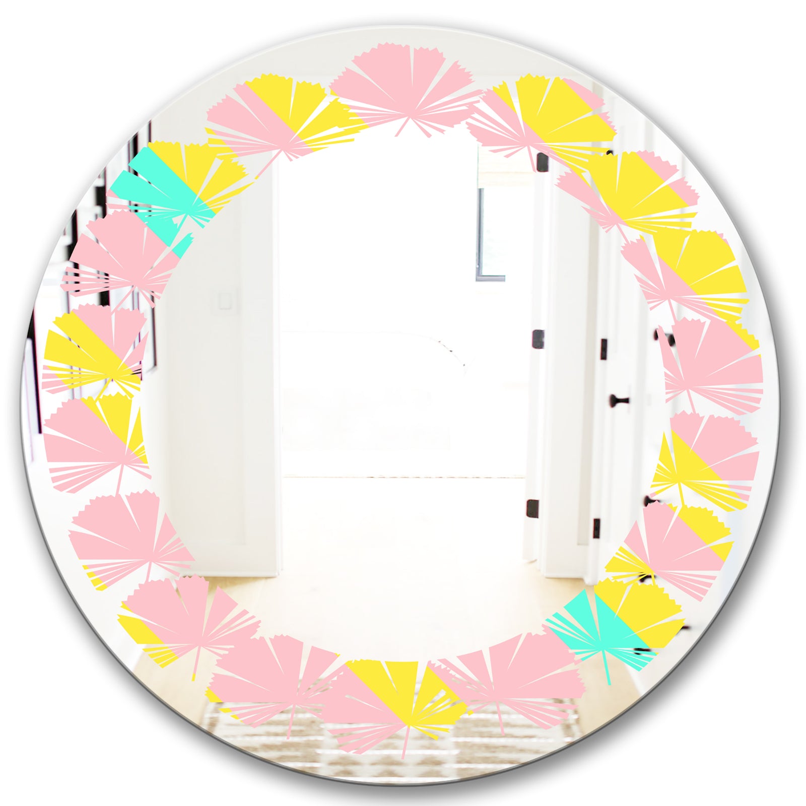 Memphis Retro Neon Pattern - Modern Round or Oval Wall Mirror - Leaves