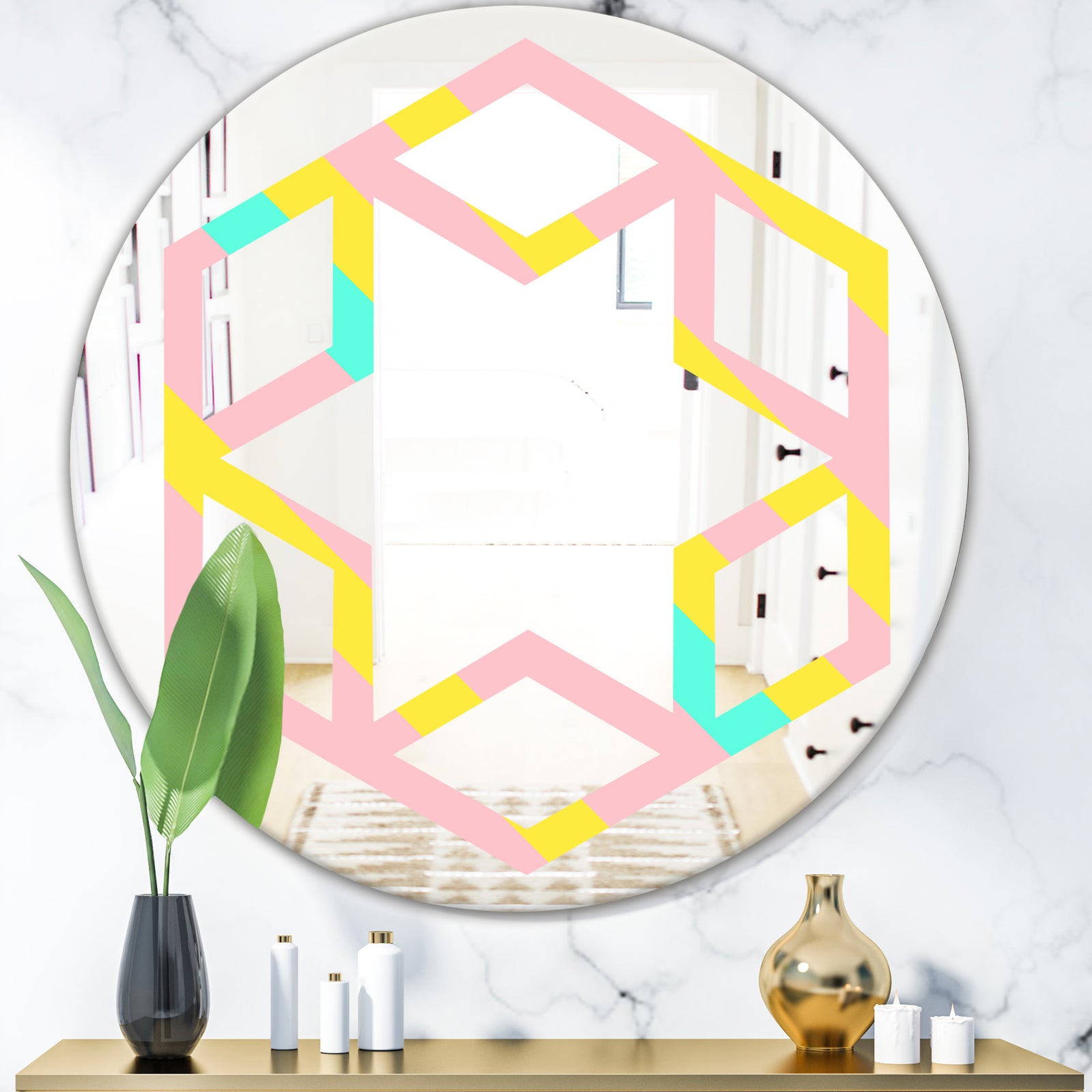 Memphis Retro Neon Pattern - Modern Round or Oval Wall Mirror - Hexagon Star