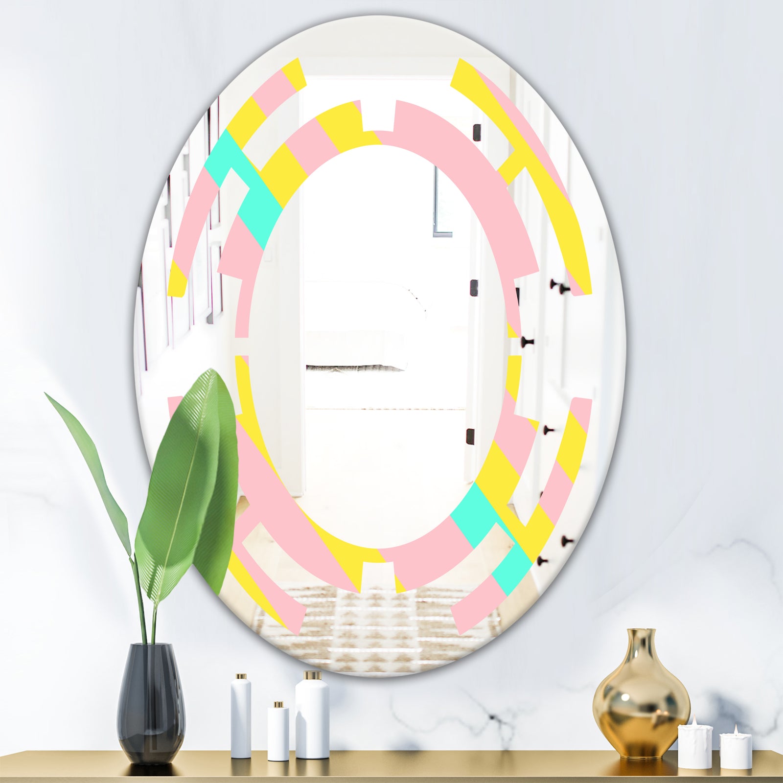 Memphis Retro Neon Pattern - Modern Round or Oval Wall Mirror - Space