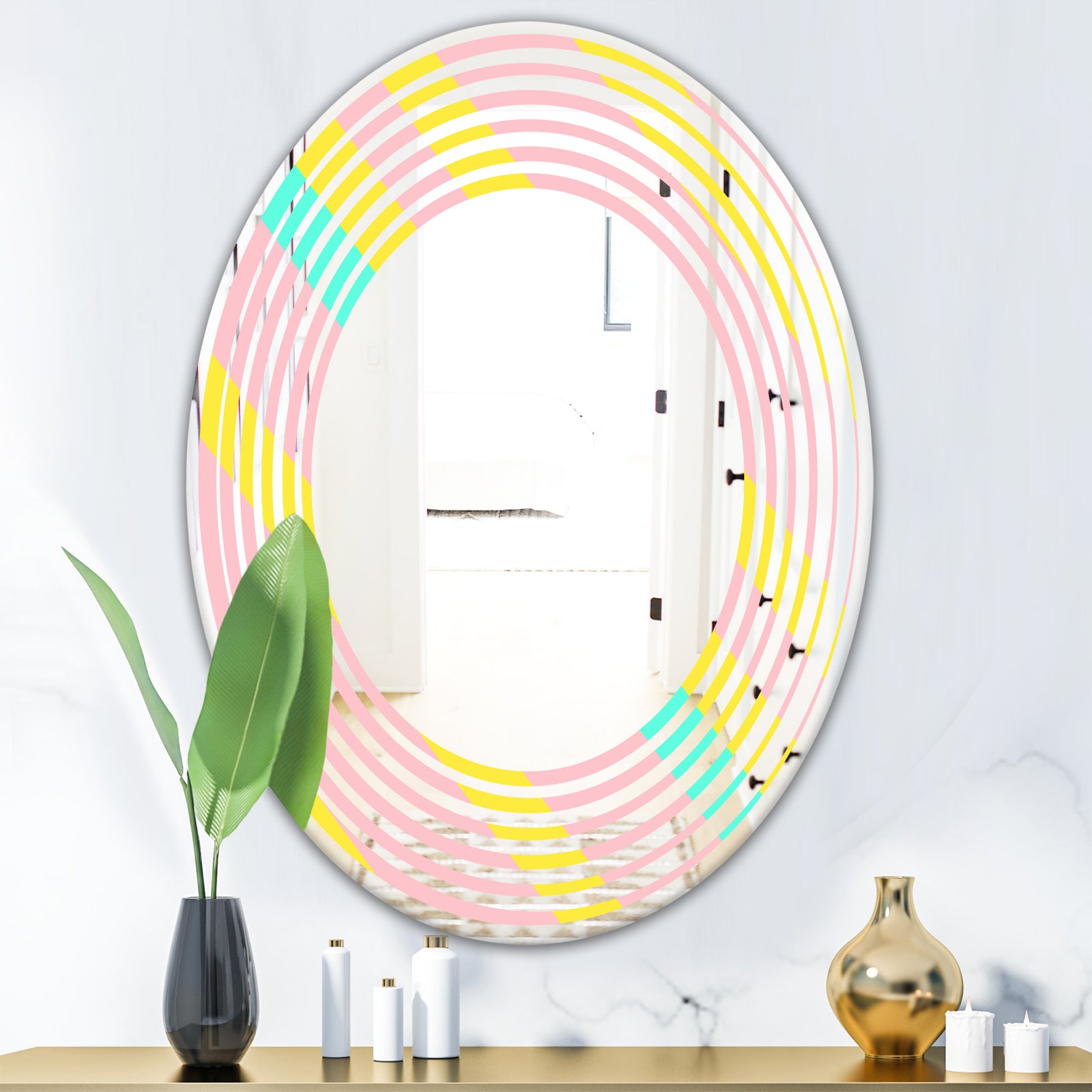 Memphis Retro Neon Pattern - Modern Round or Oval Wall Mirror - Wave