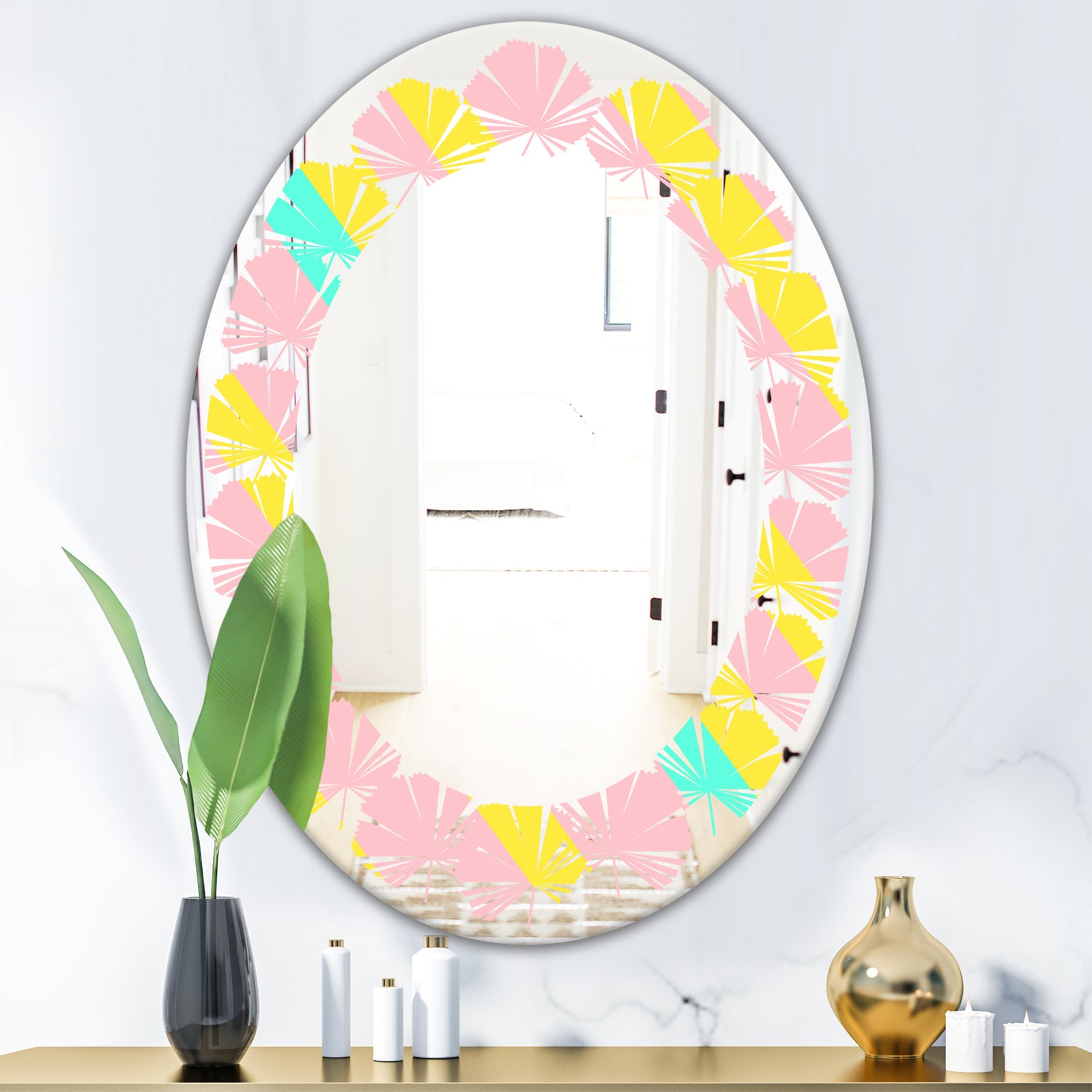Memphis Retro Neon Pattern - Modern Round or Oval Wall Mirror - Leaves