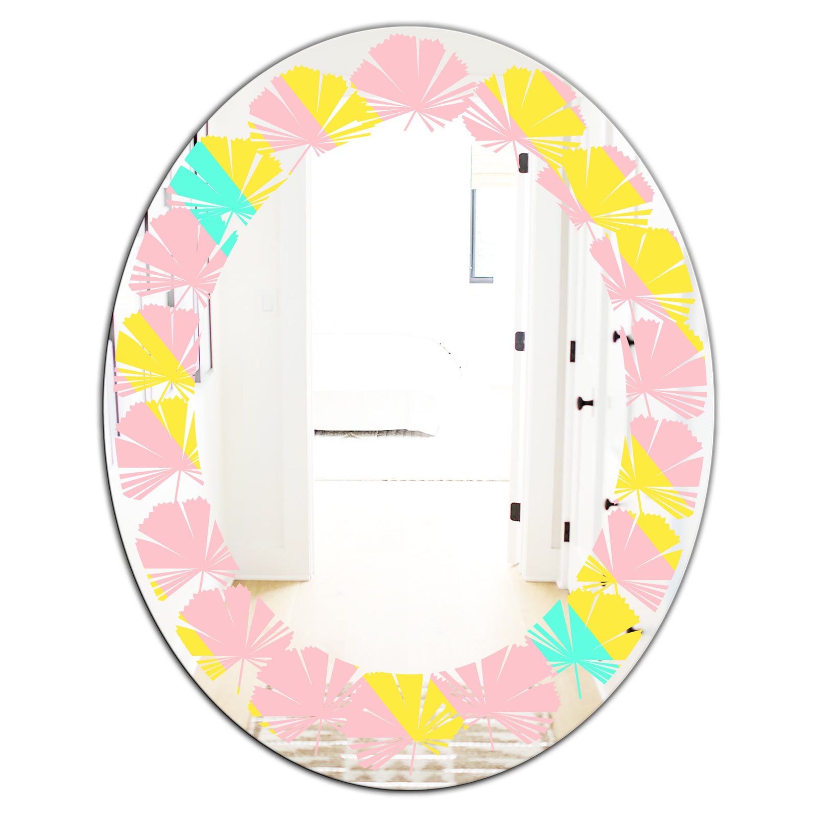 Memphis Retro Neon Pattern - Modern Round or Oval Wall Mirror - Leaves