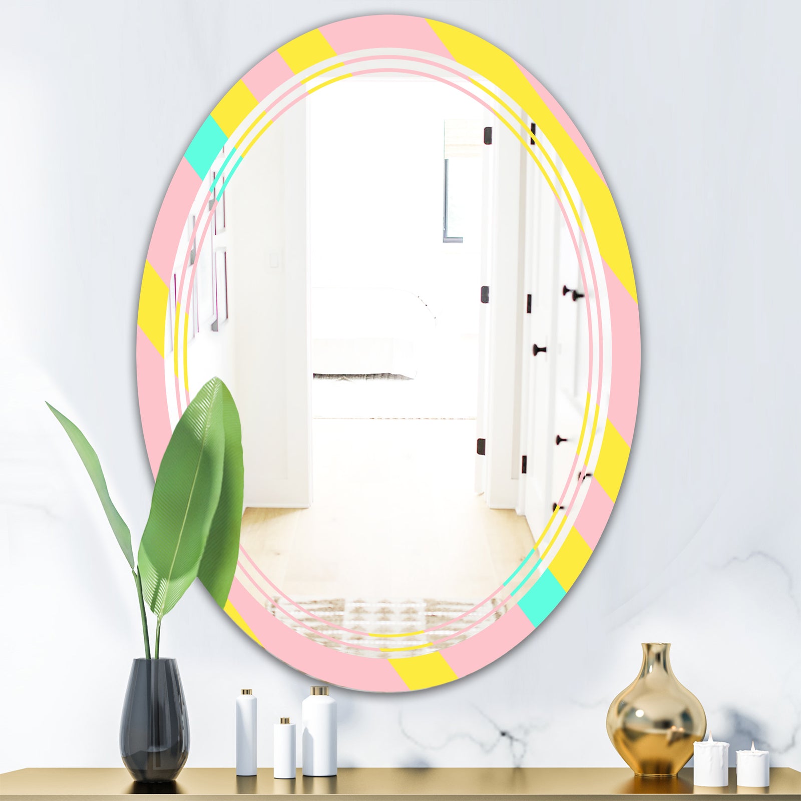 Memphis Retro Neon Pattern - Modern Round or Oval Wall Mirror - Triple C