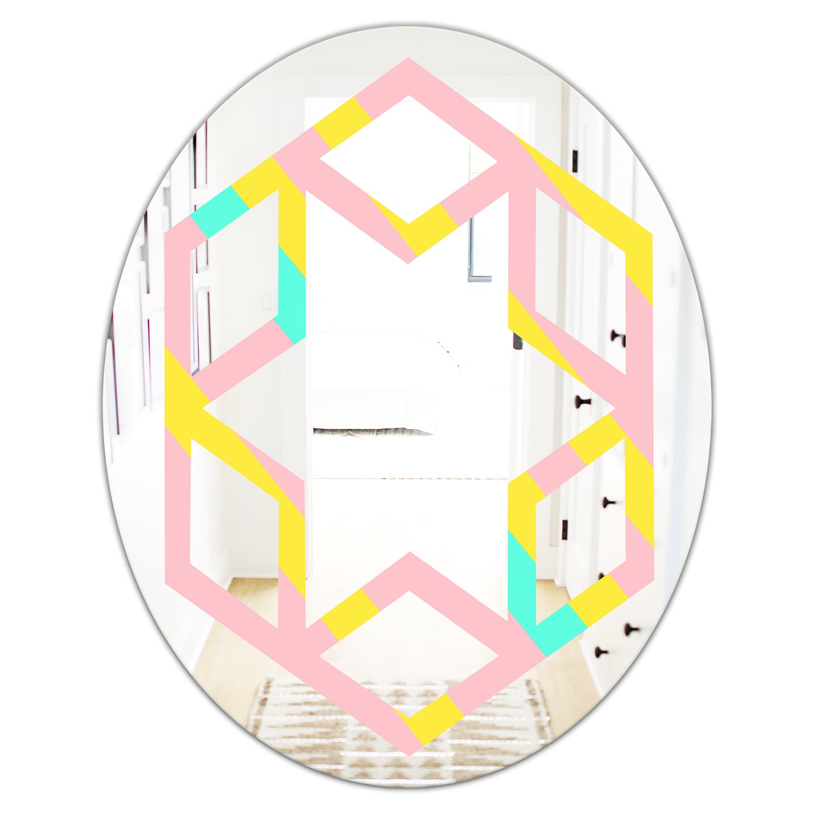 Memphis Retro Neon Pattern - Modern Round or Oval Wall Mirror - Hexagon Star