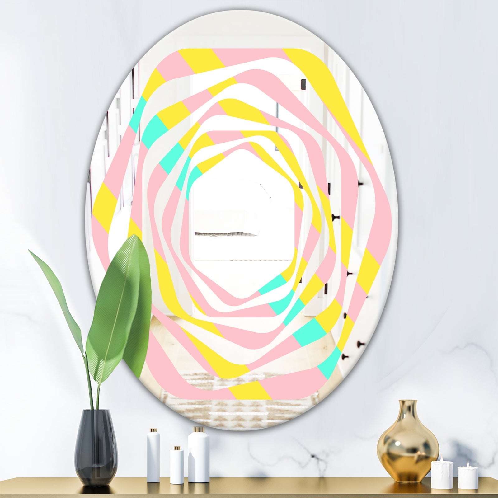 Memphis Retro Neon Pattern - Modern Round or Oval Wall Mirror - Whirl