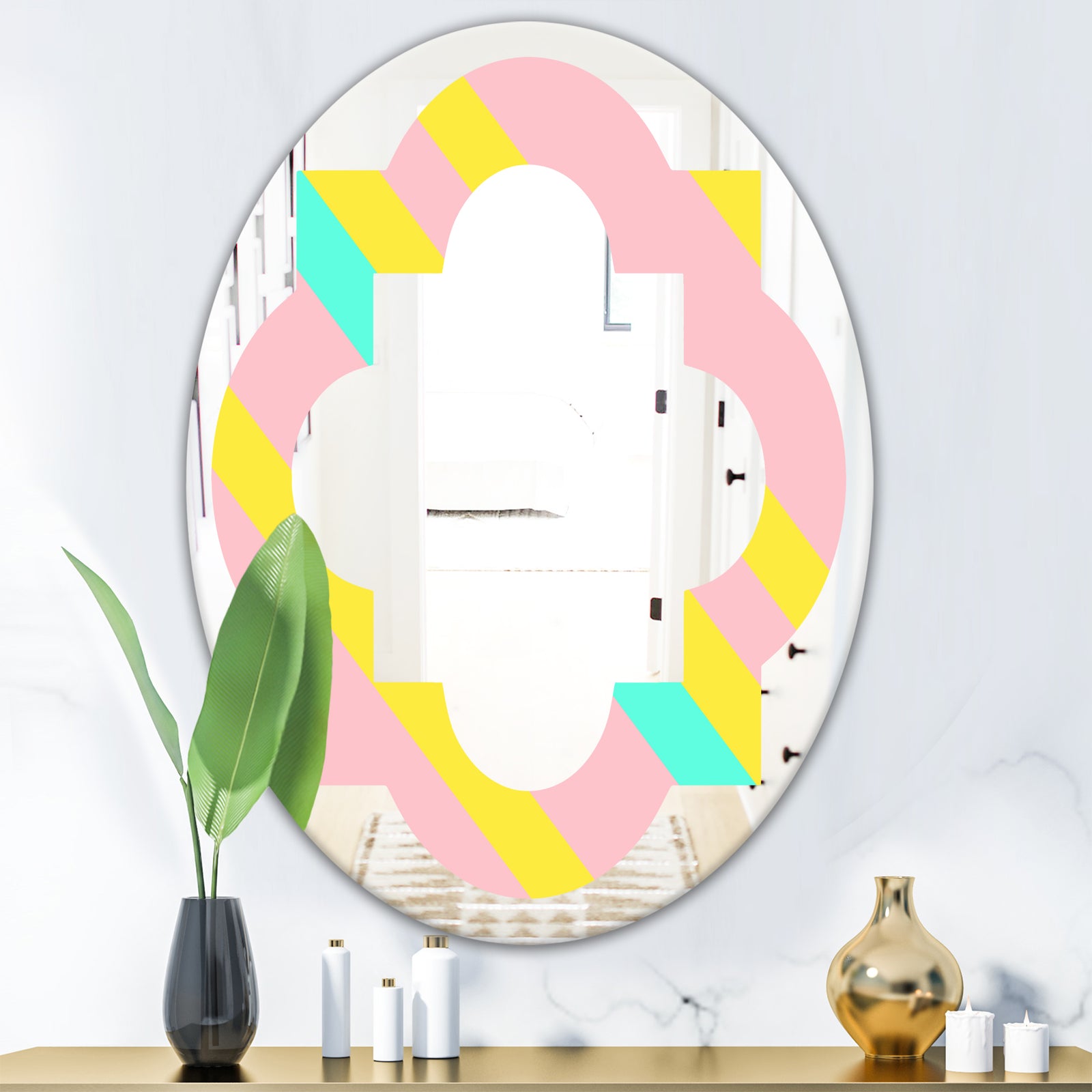 Memphis Retro Neon Pattern - Modern Round or Oval Wall Mirror - Quatrefoil