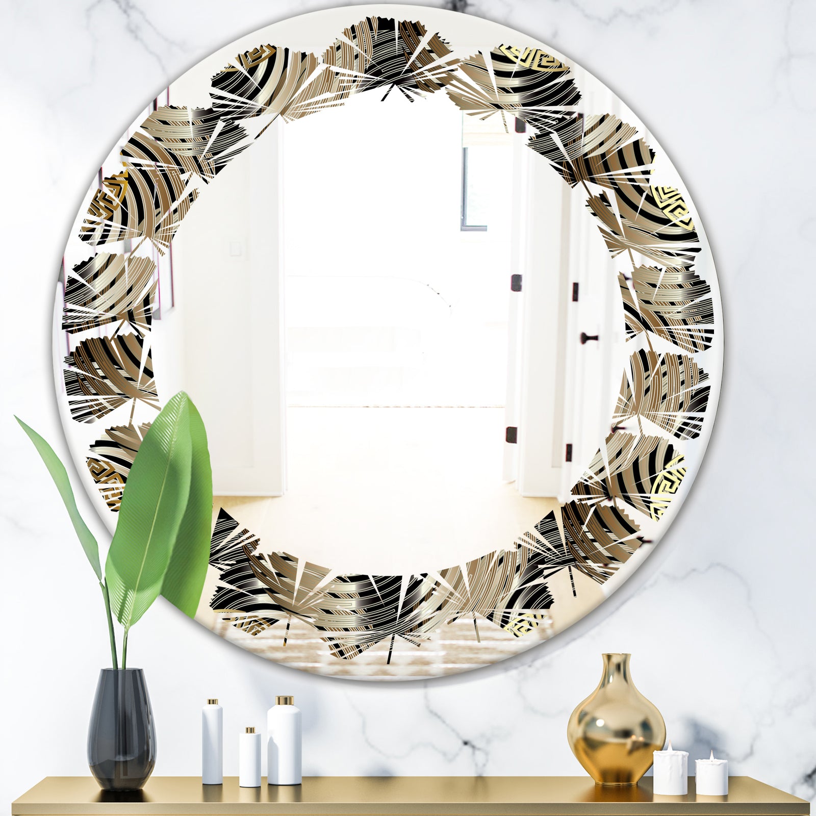 Circular Geometric Retro Abstract I - Modern Round or Oval Wall Mirror - Leaves