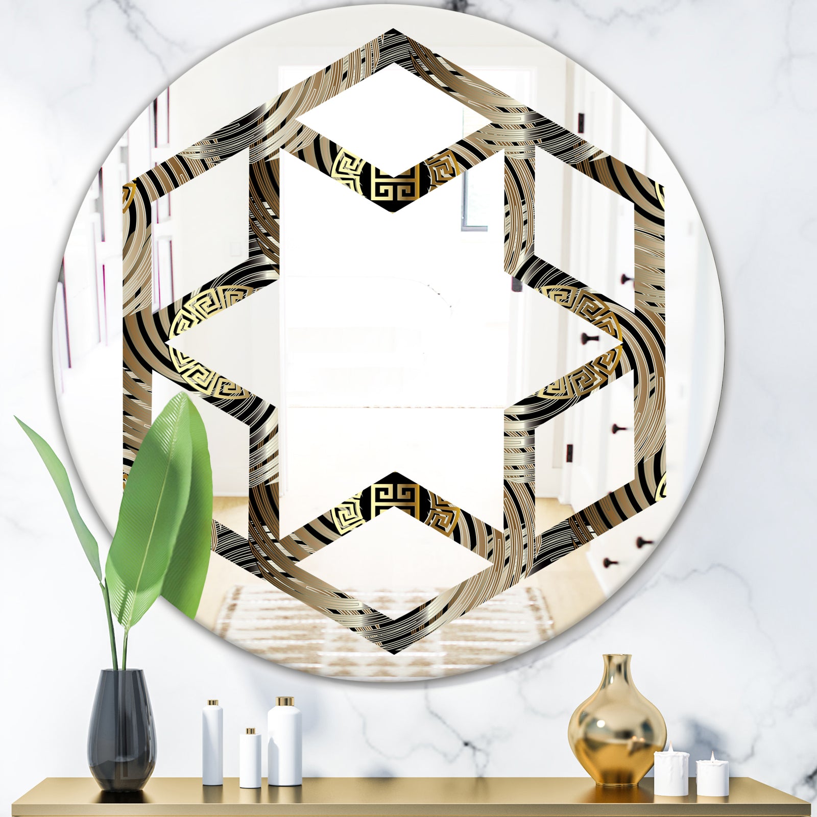 Circular Geometric Retro Abstract I - Modern Round or Oval Wall Mirror - Hexagon Star