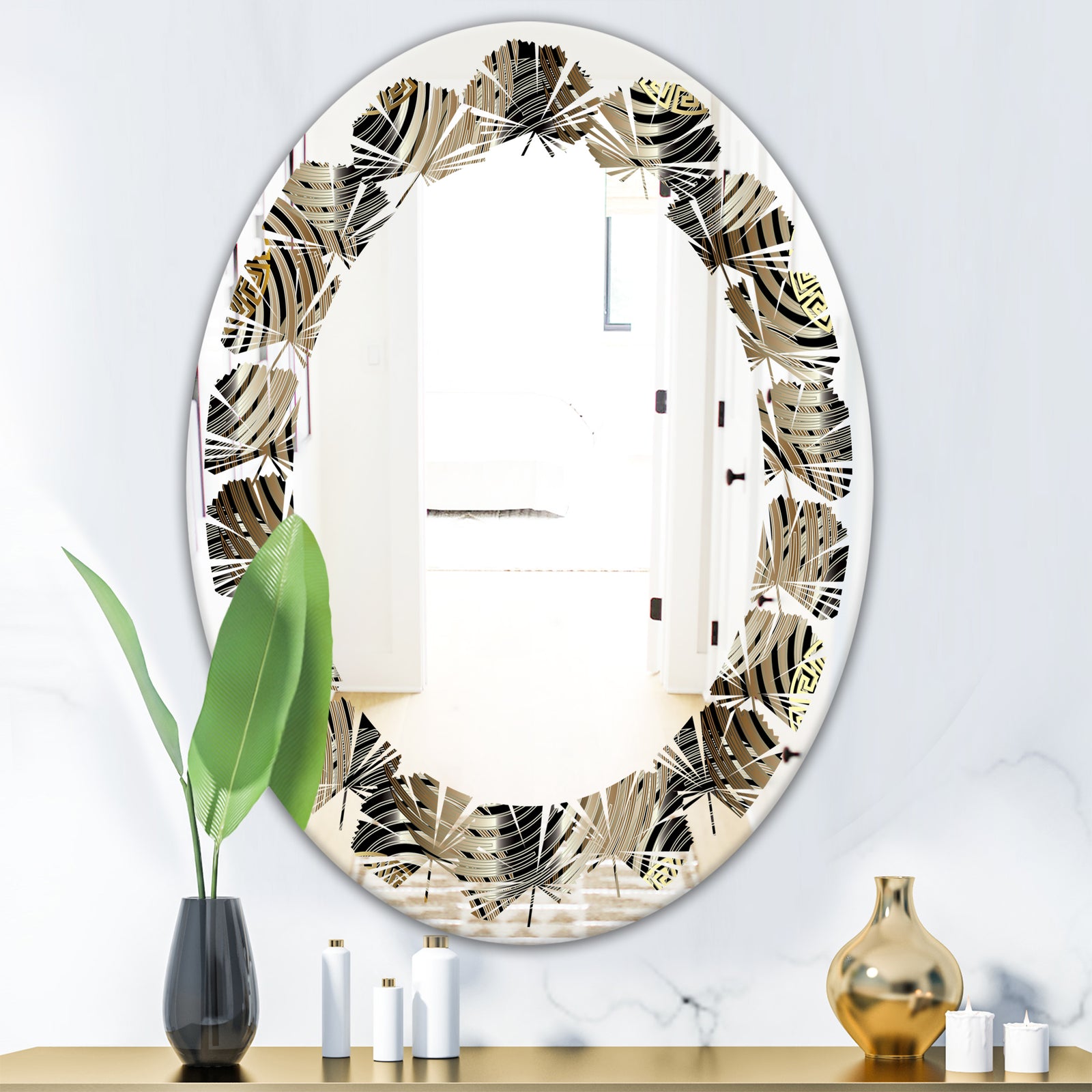 Circular Geometric Retro Abstract I - Modern Round or Oval Wall Mirror - Leaves