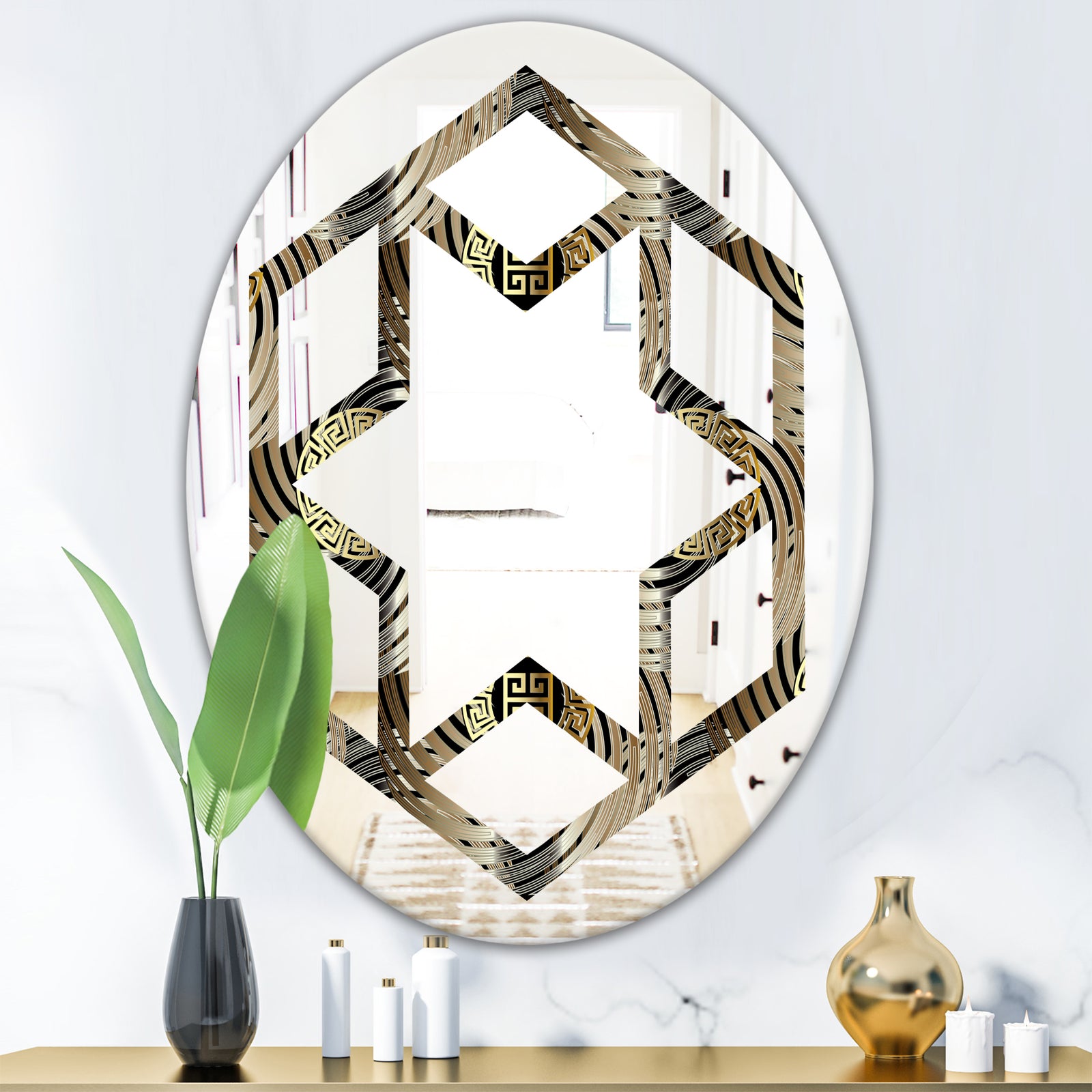 Circular Geometric Retro Abstract I - Modern Round or Oval Wall Mirror - Hexagon Star