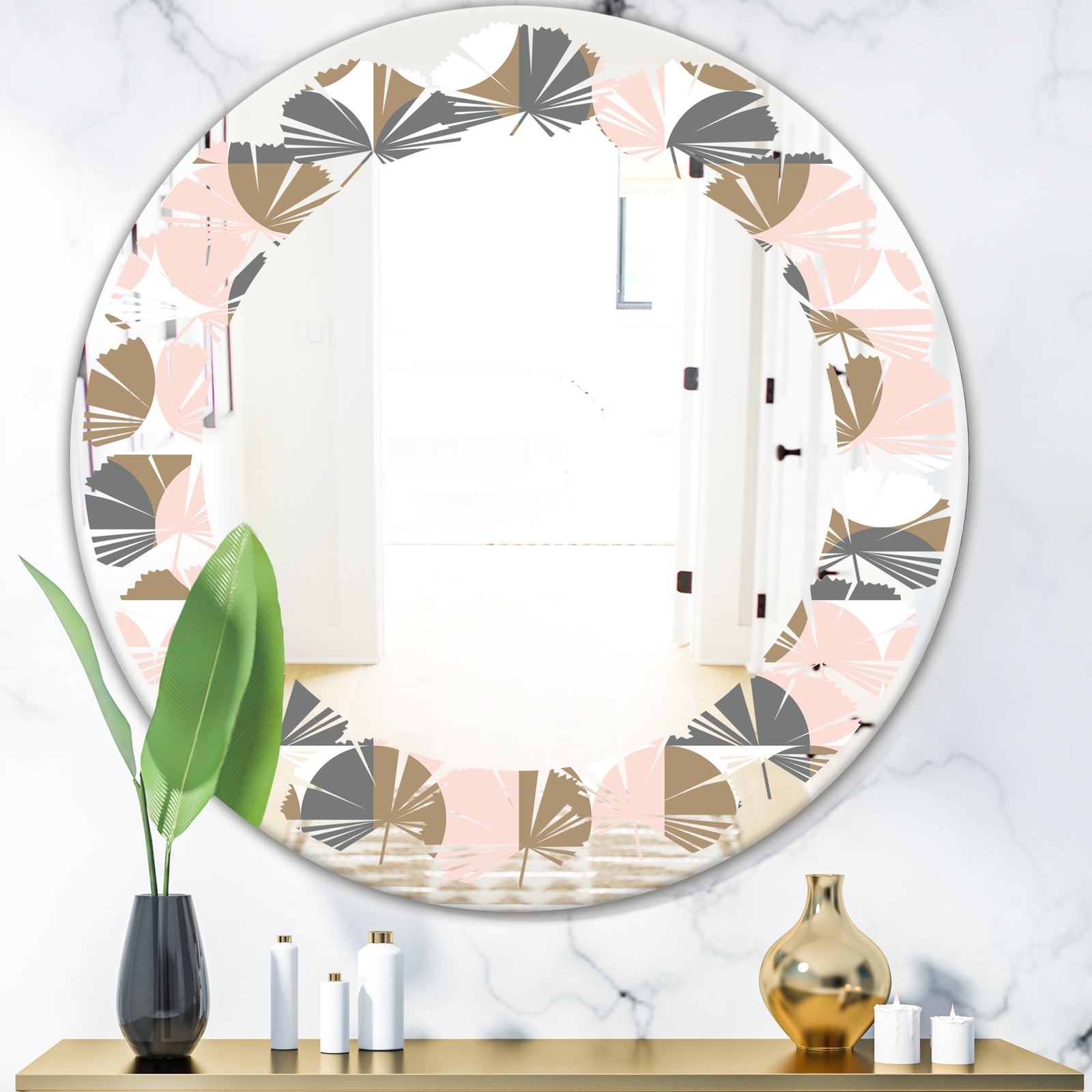 Retro Circular Pattern IV - Modern Round or Oval Wall Mirror - Leaves